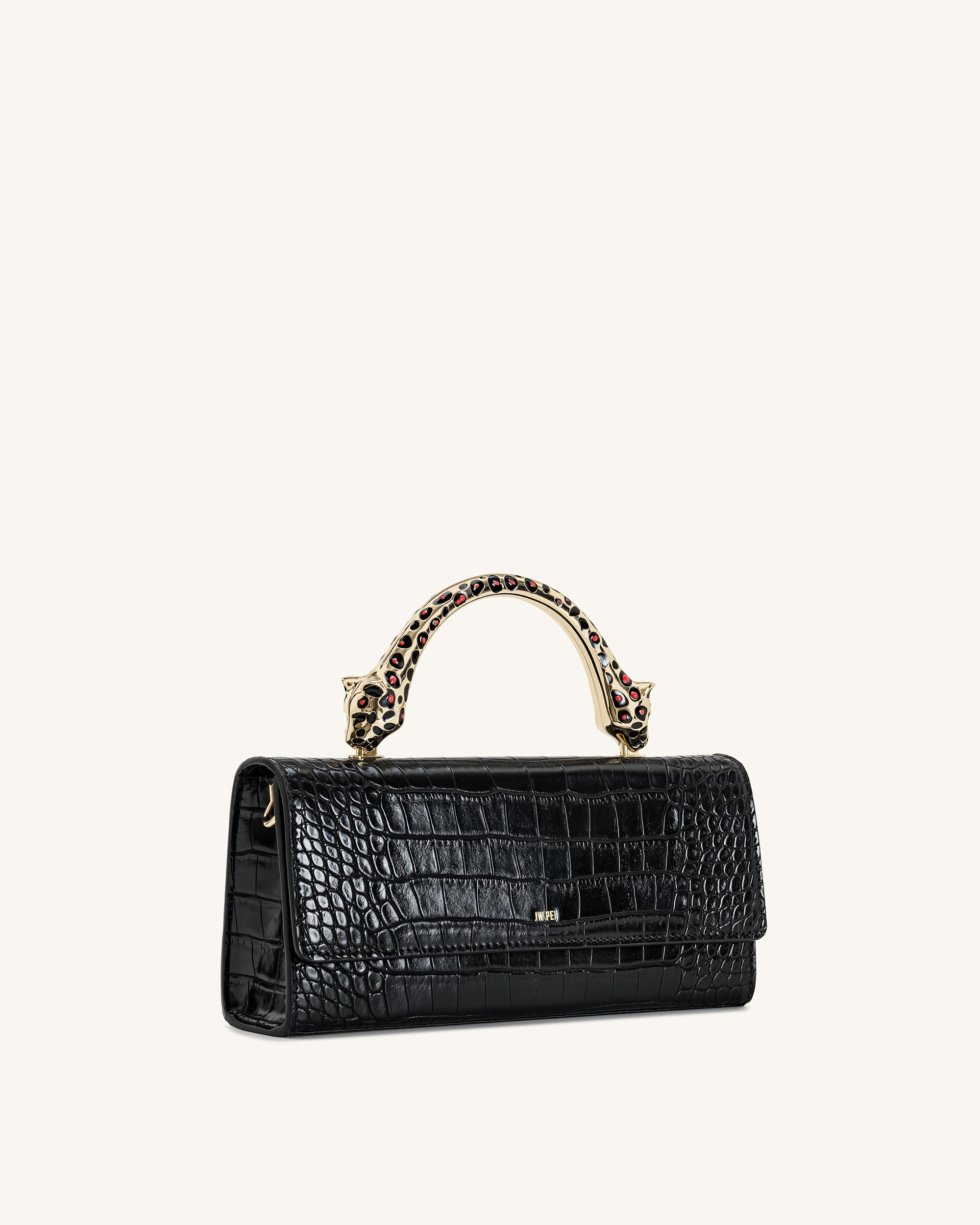 Maya Leopard-Shaped Hardware Handle Top Handle Bag - Black Croc - Image 2
