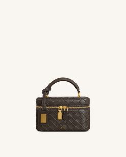Cleo Woven Texture Box Shape Top Handle Bag - Dark Brown