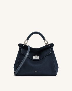 Lucia Classic Faux Suede Top Handle Bag - Navy Blue