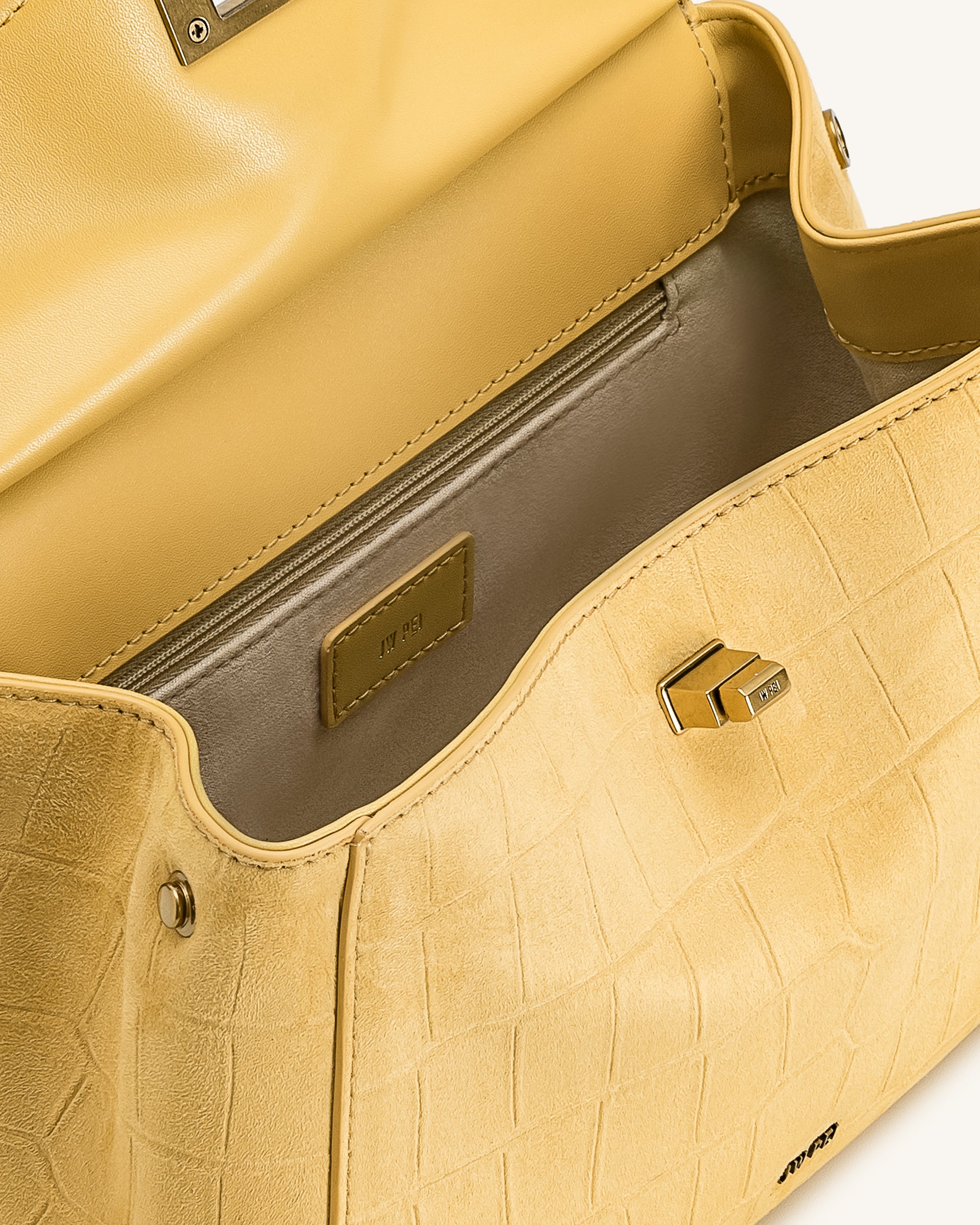 Lucia Classic Croc-Embossed Faux Suede Top Handle Bag - Yellow - Image 4