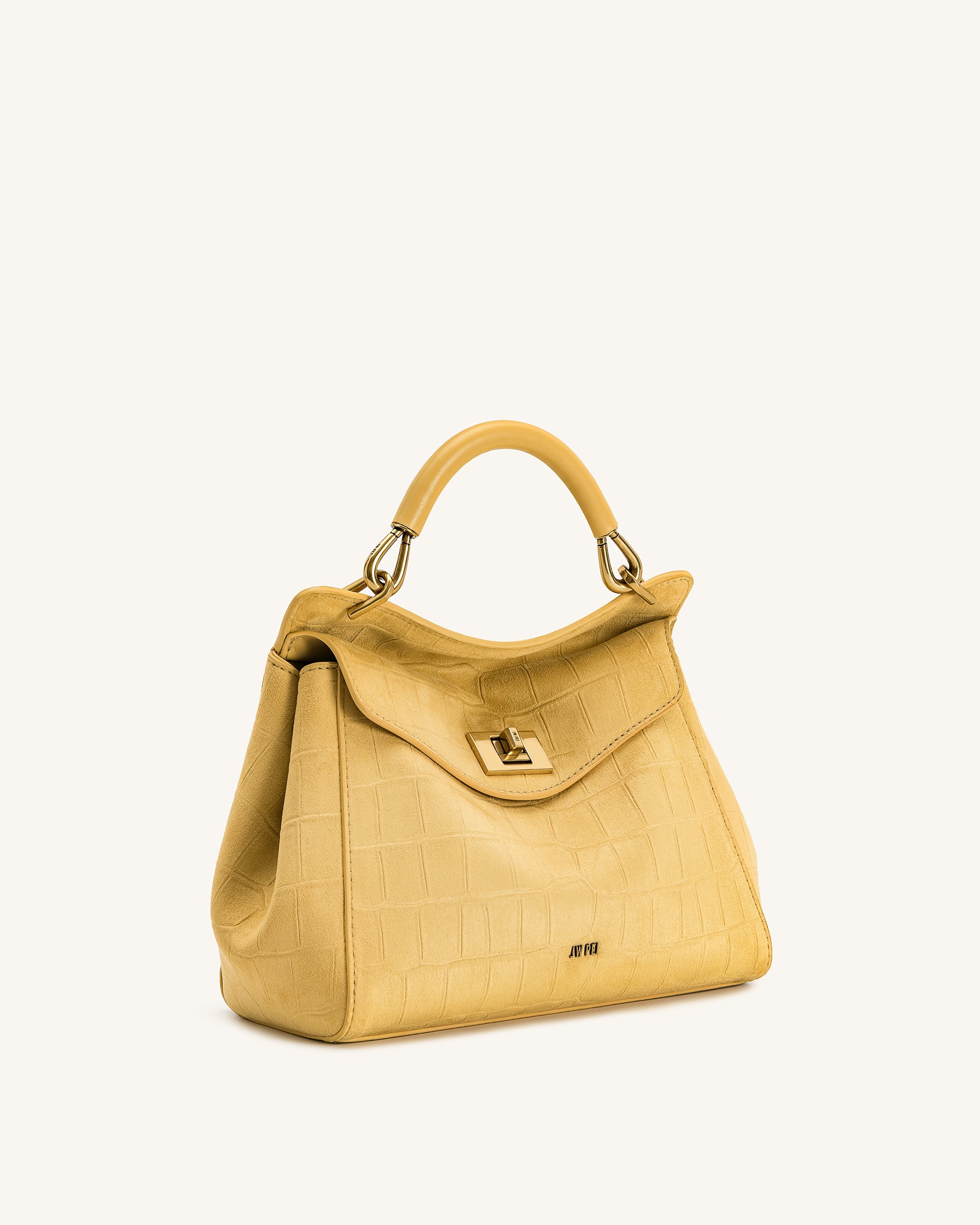 Lucia Classic Croc-Embossed Faux Suede Top Handle Bag - Yellow - Image 2