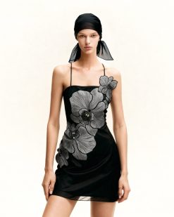 Orchid Appliqué Mini Dress - Black/Silver