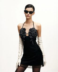 Flower Embroidered Mini Dress - Black