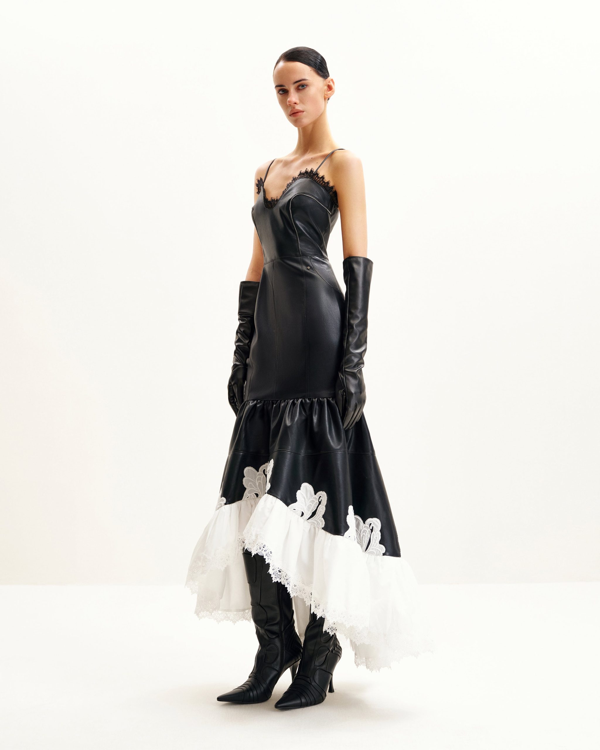 Zora Lace Trim Leather Dress - Black - Image 2