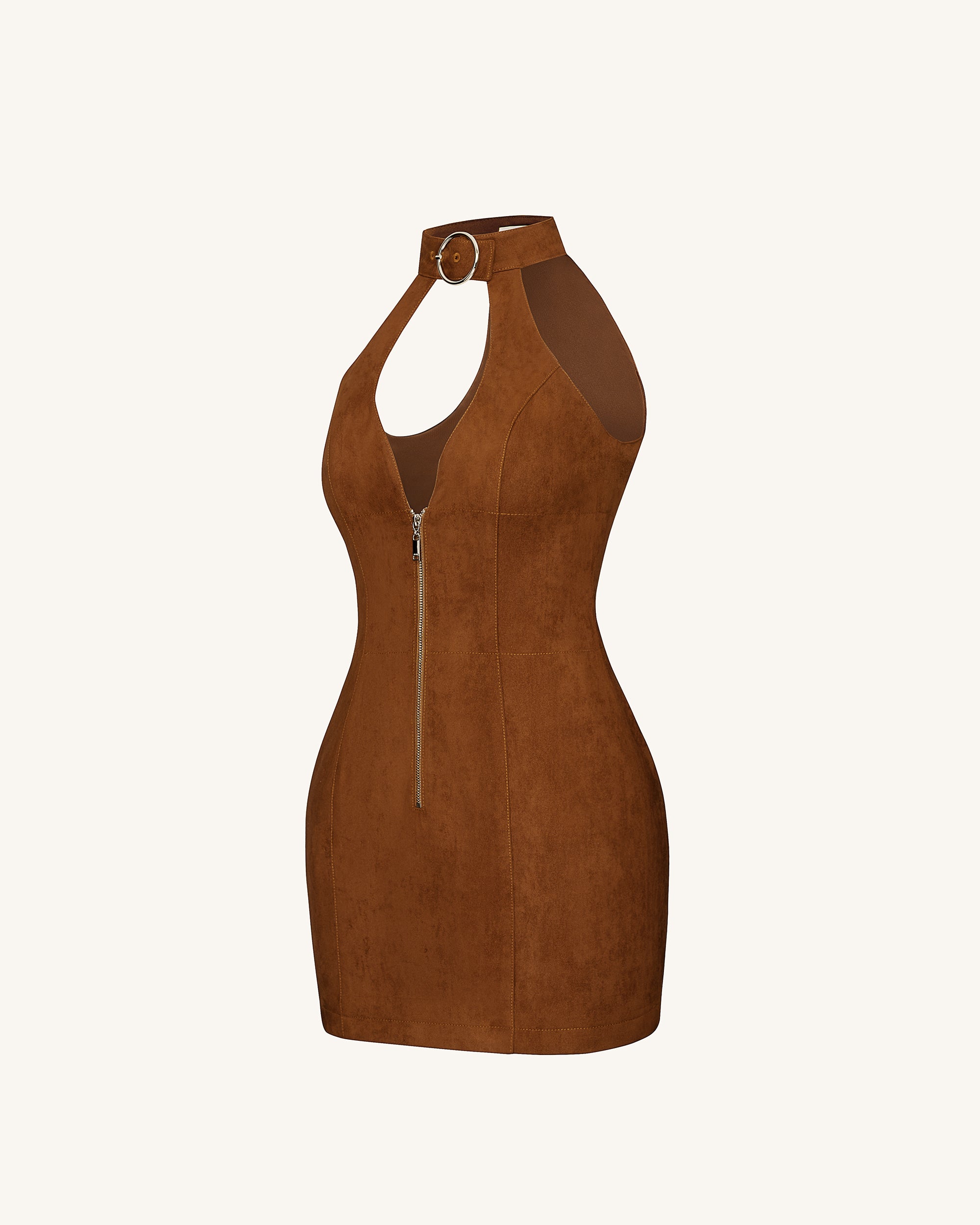 Ruby Halter Neck Zipper Mini Dress - Brown - Image 4