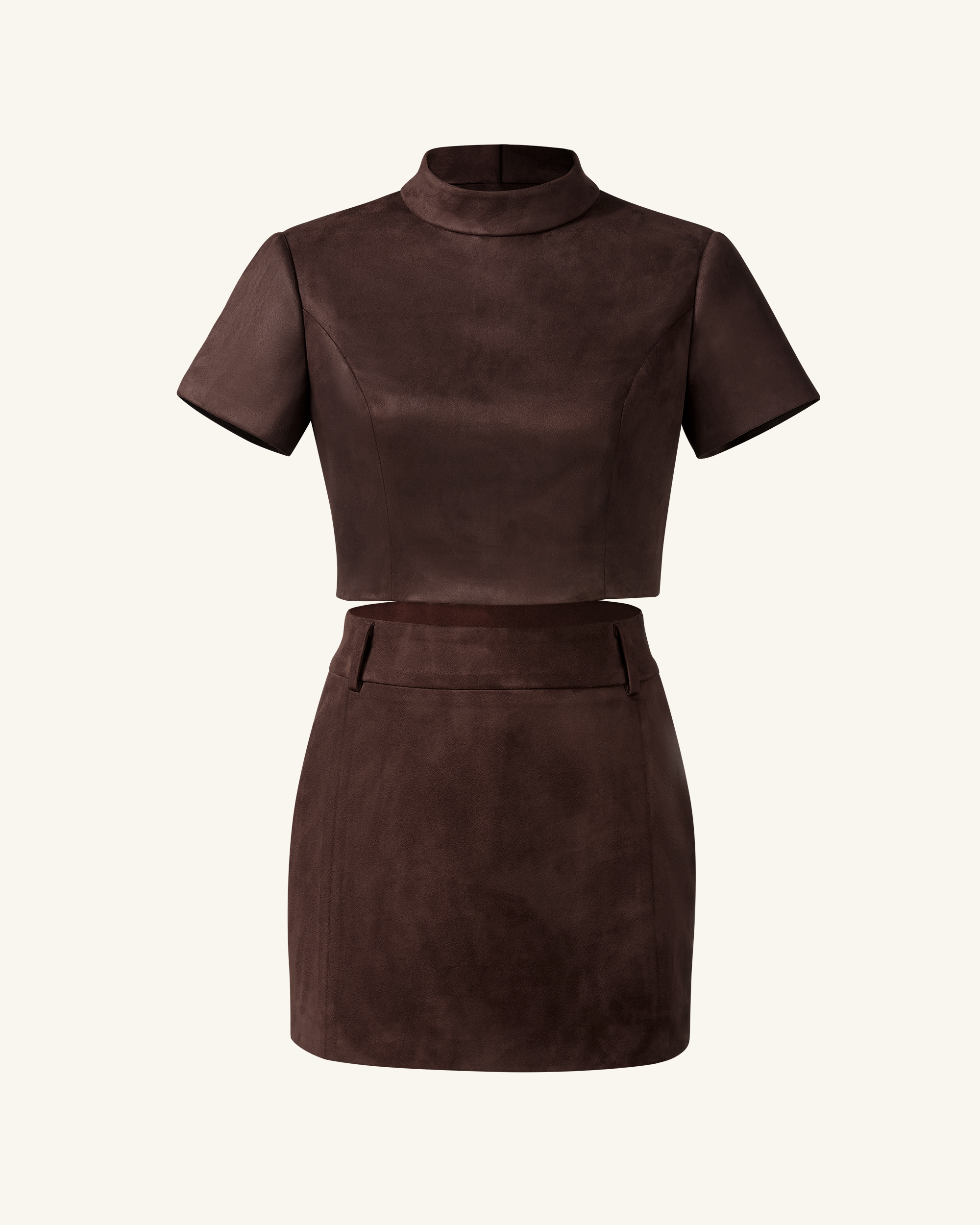 Grace Faux Suede Crop Top and Mini Skirt Set - Chocolate Brown - Image 4