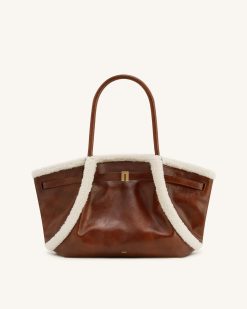 Alternative view of Hana Medium Faux Shearling Trim Tote Bag - Brown