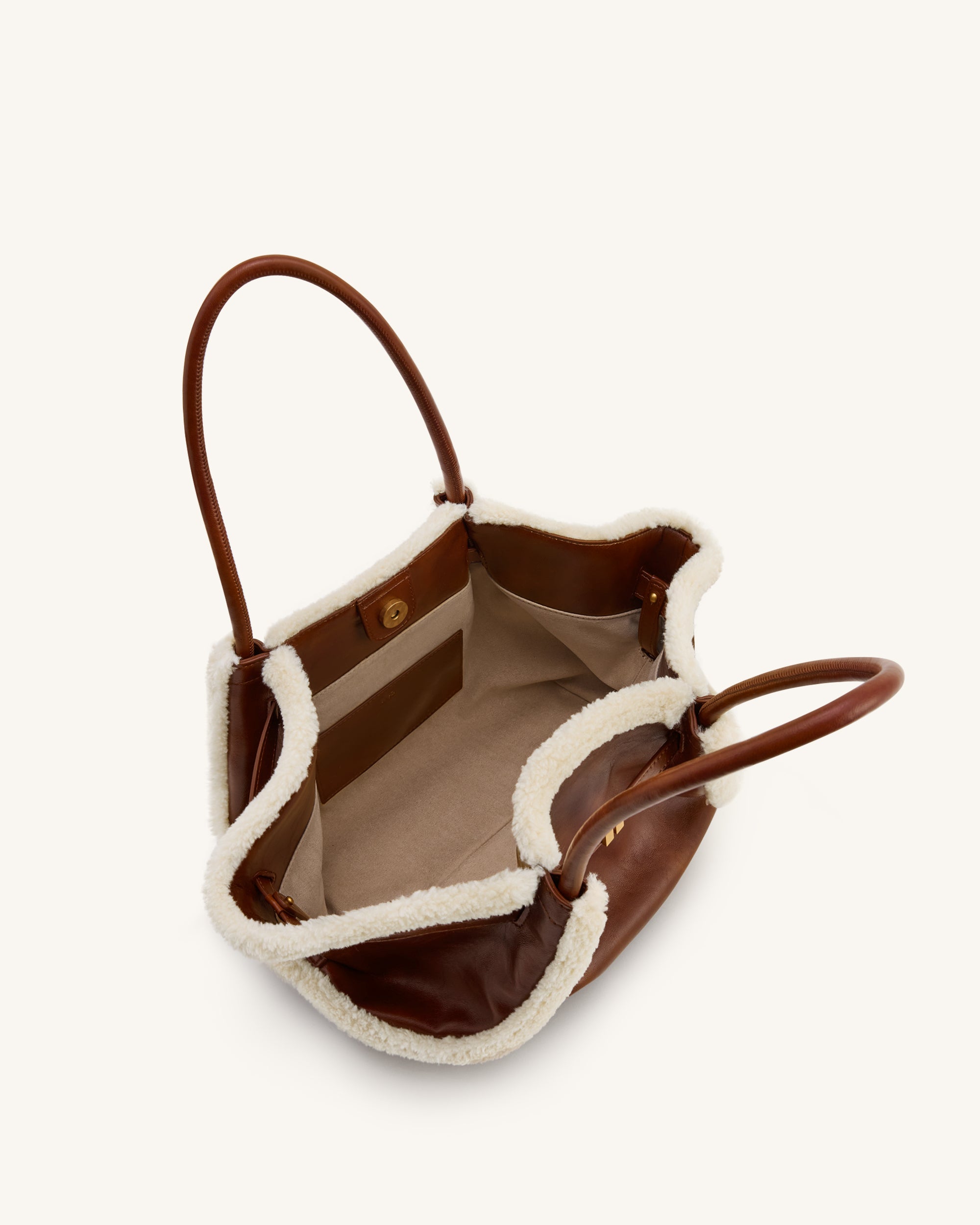 Hana Medium Faux Shearling Trim Tote Bag - Brown - Image 5