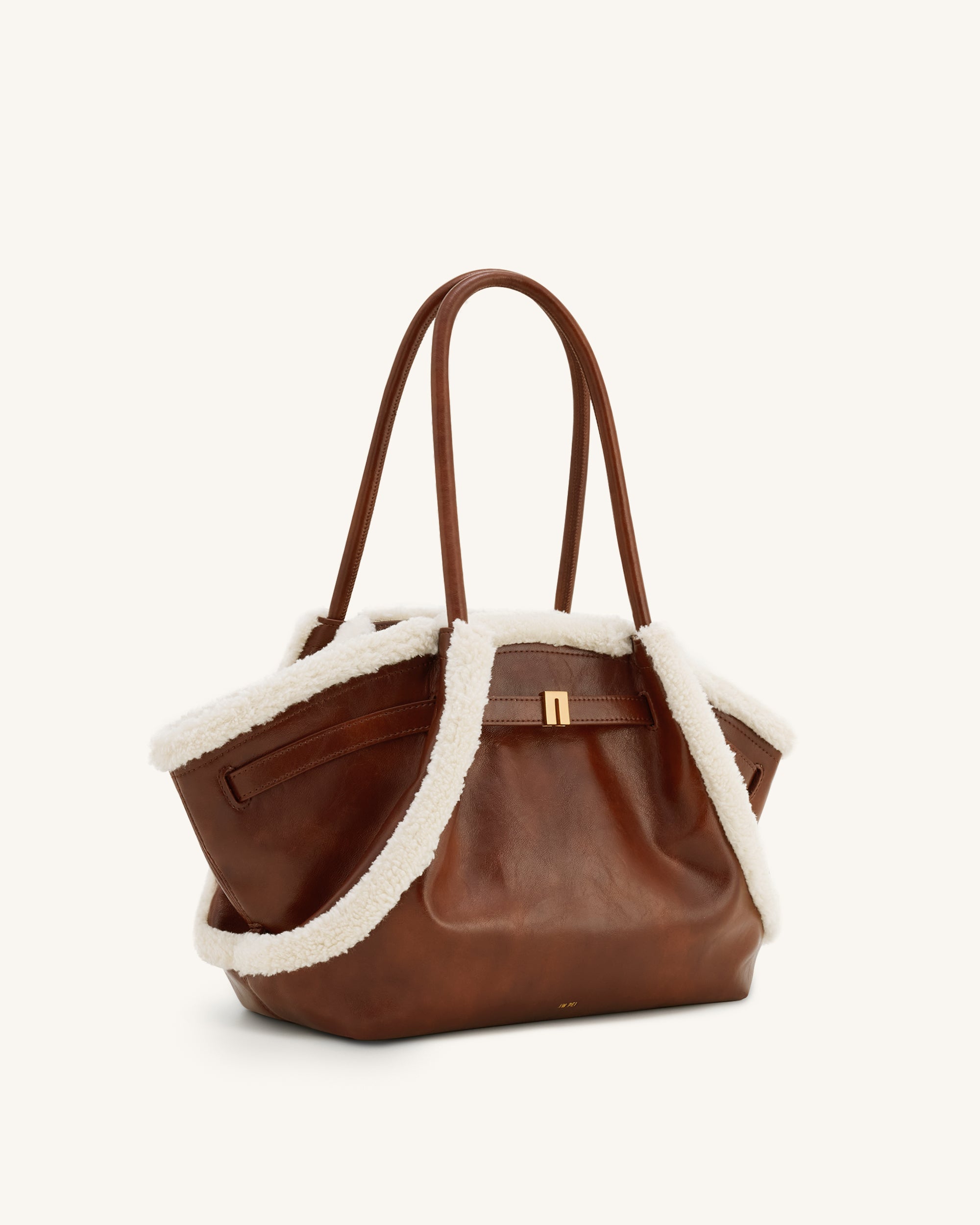 Hana Medium Faux Shearling Trim Tote Bag - Brown - Image 3