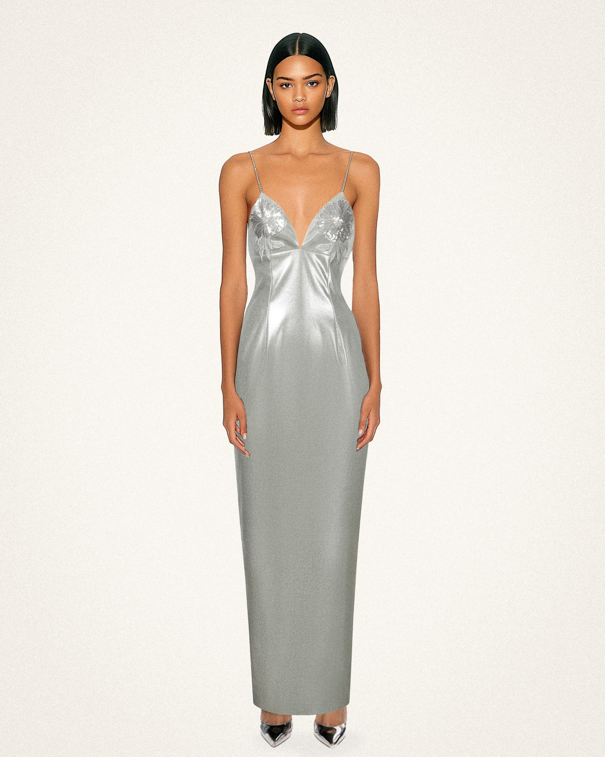 Ayliua Sweetheart-Neckline Rhinestones Embellished Silver Long Dress - Silver - Image 3
