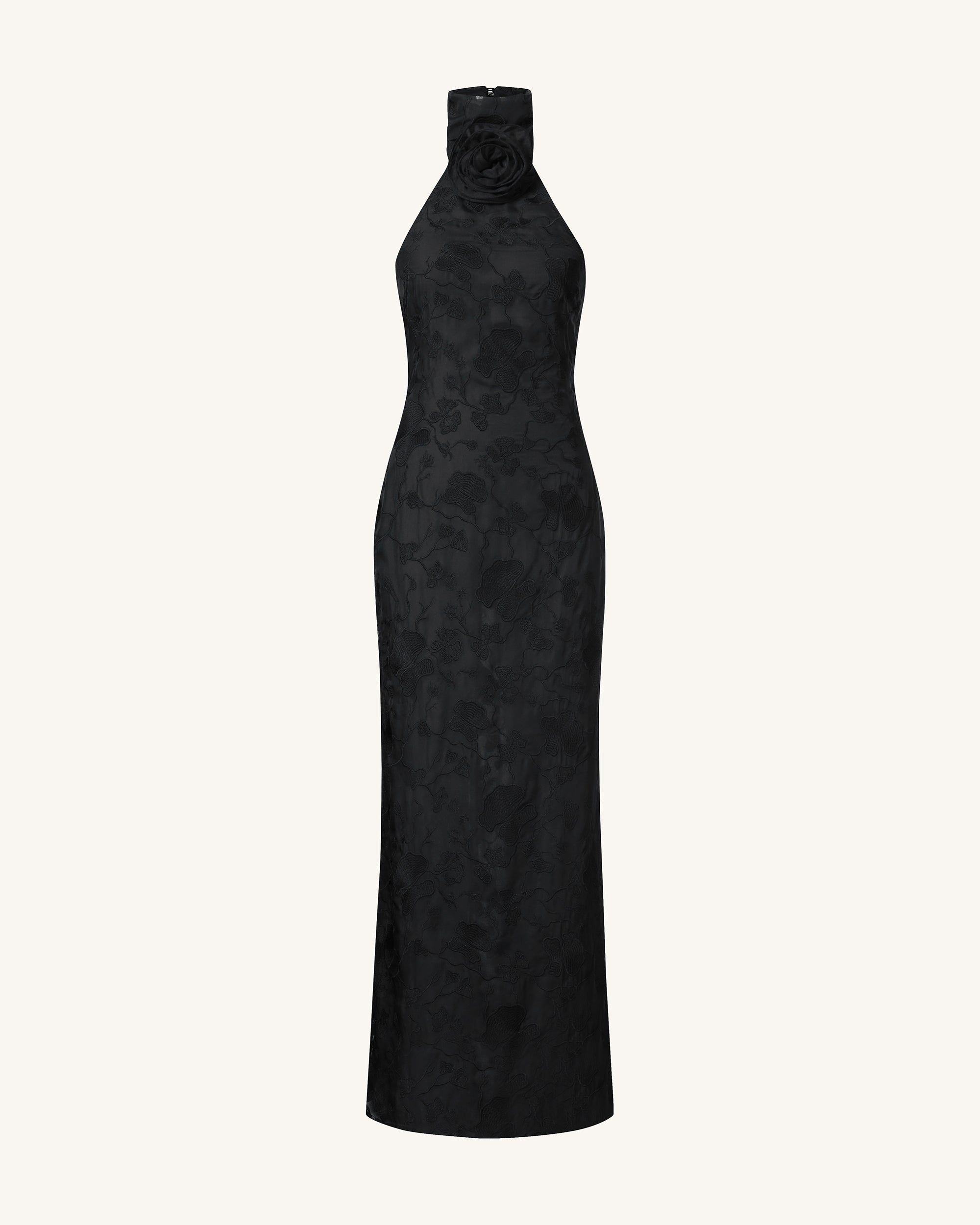 Uliana Black Floral Lace Halterneck Maxi Dress - Black - Image 2