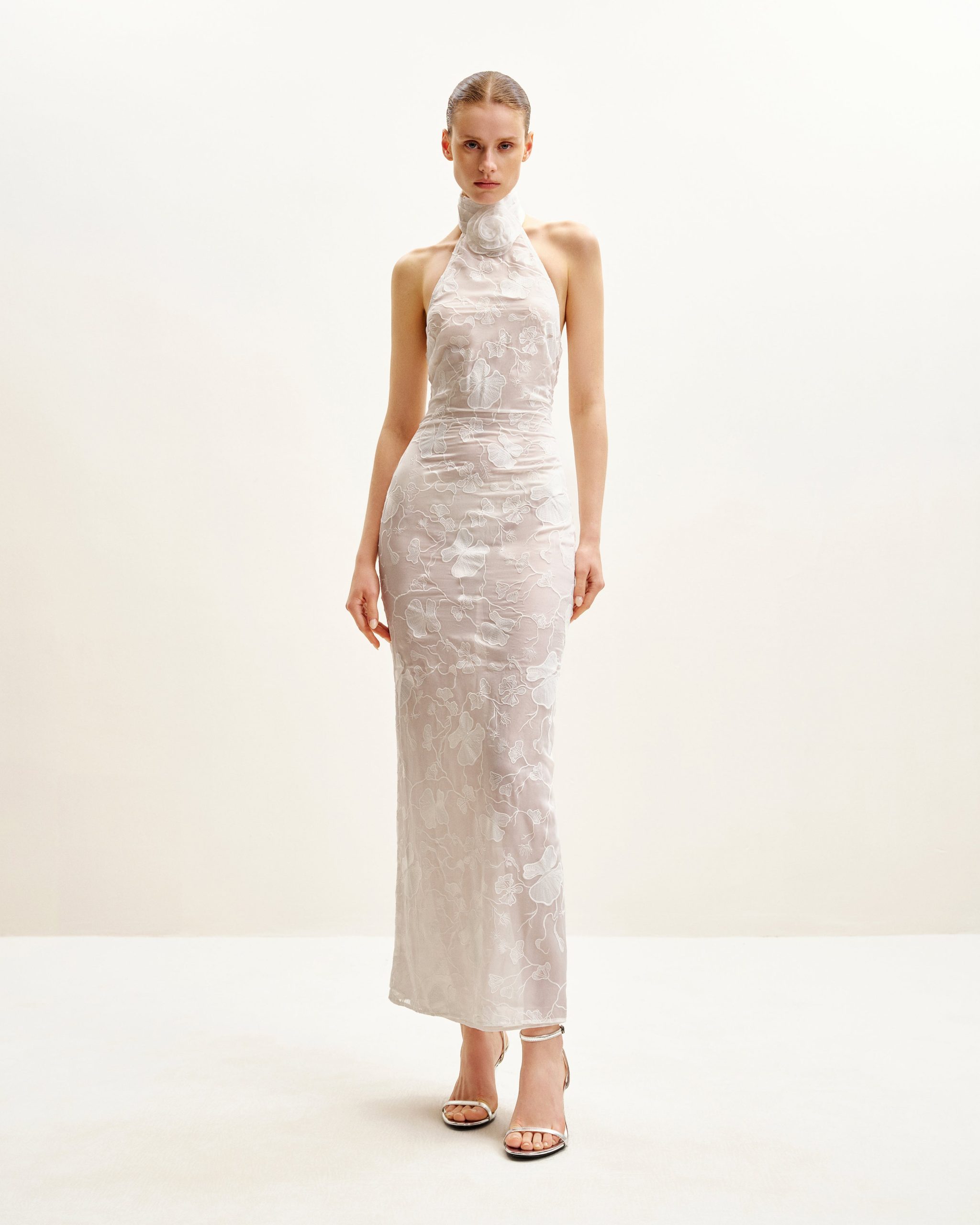 Uliana White Floral Lace Halterneck Maxi Dress - White