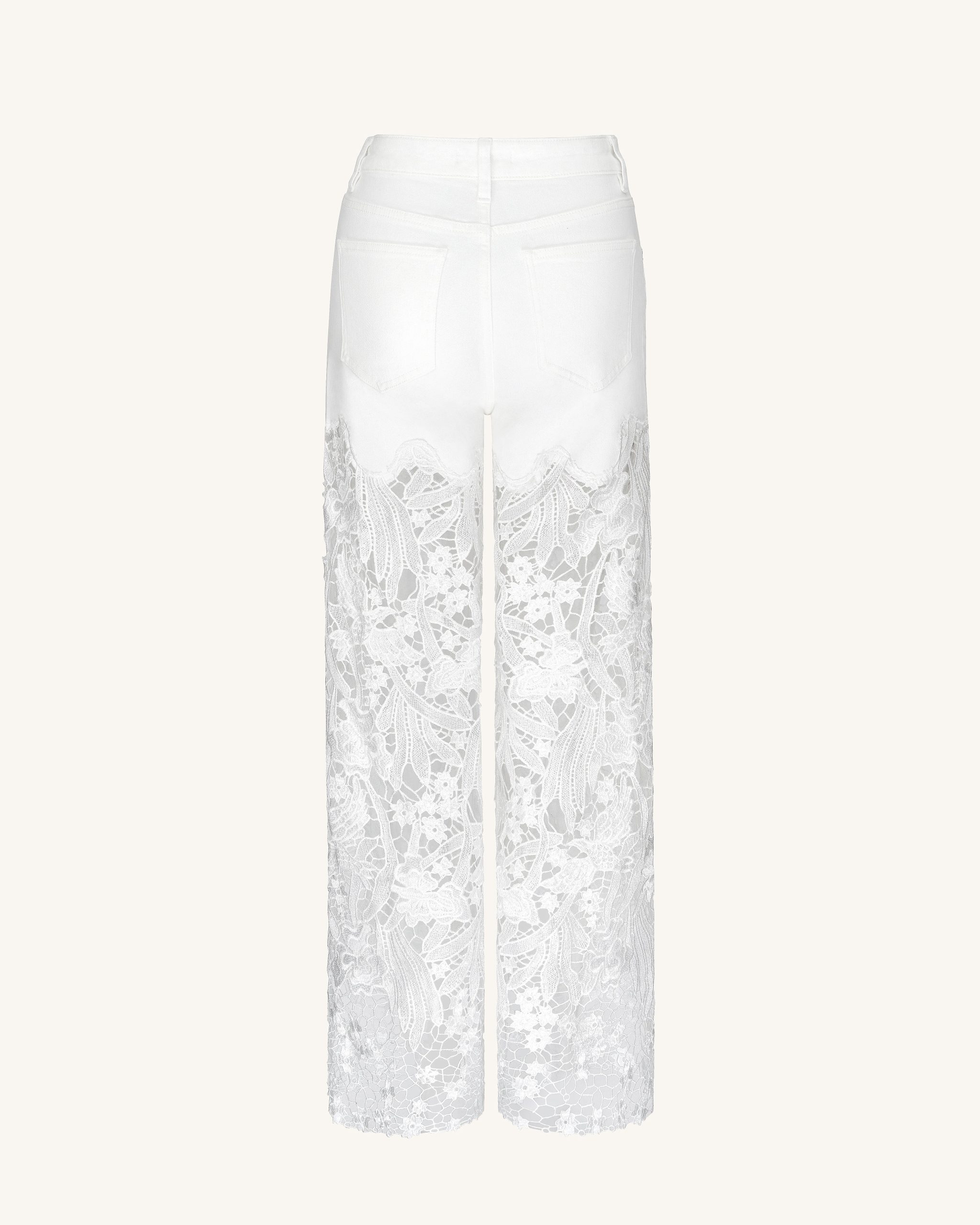 Embroidery High Rise Wide Leg Lace Denim Jeans With Rhinestone - White - Image 4