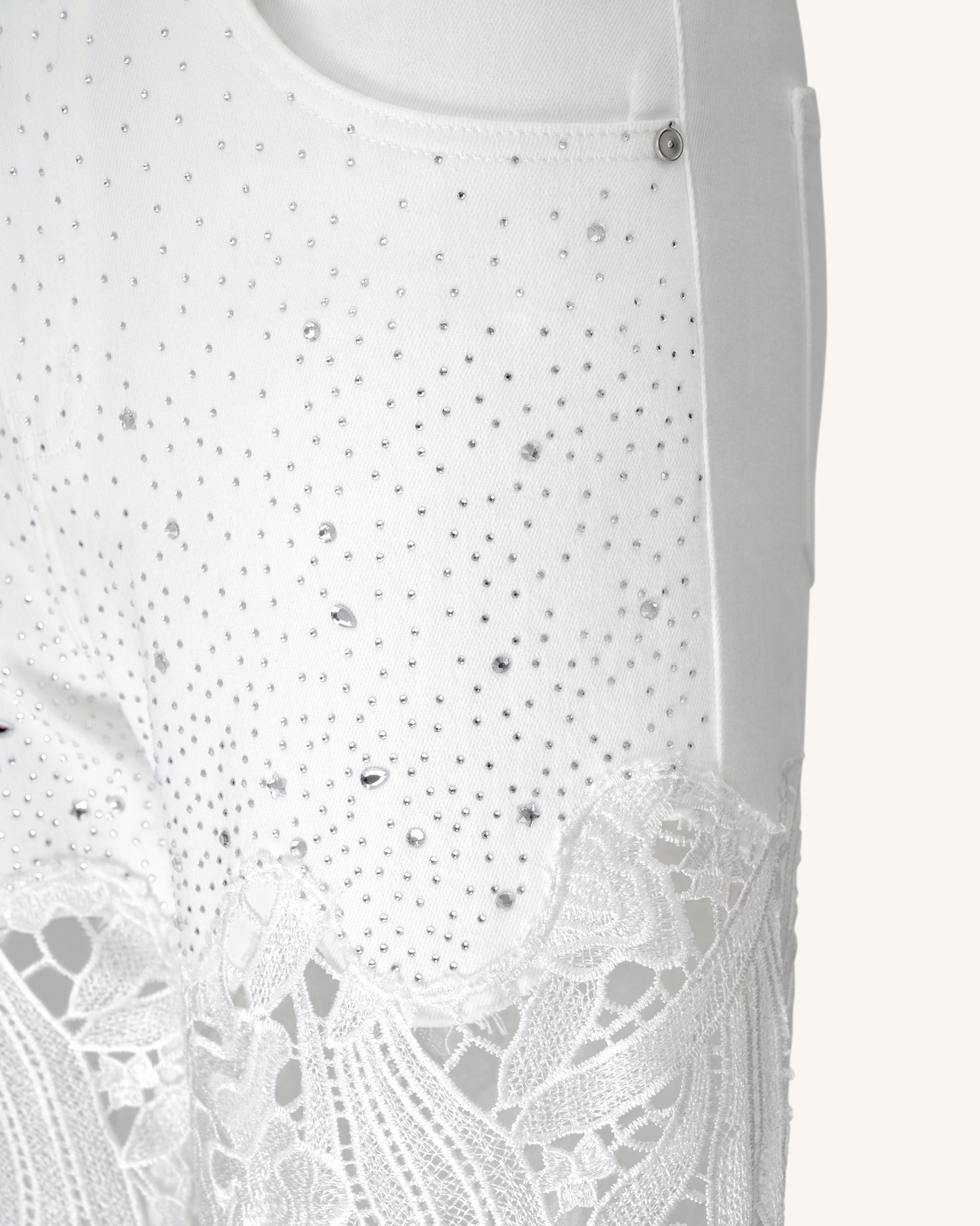 Embroidery High Rise Wide Leg Lace Denim Jeans With Rhinestone - White - Image 5