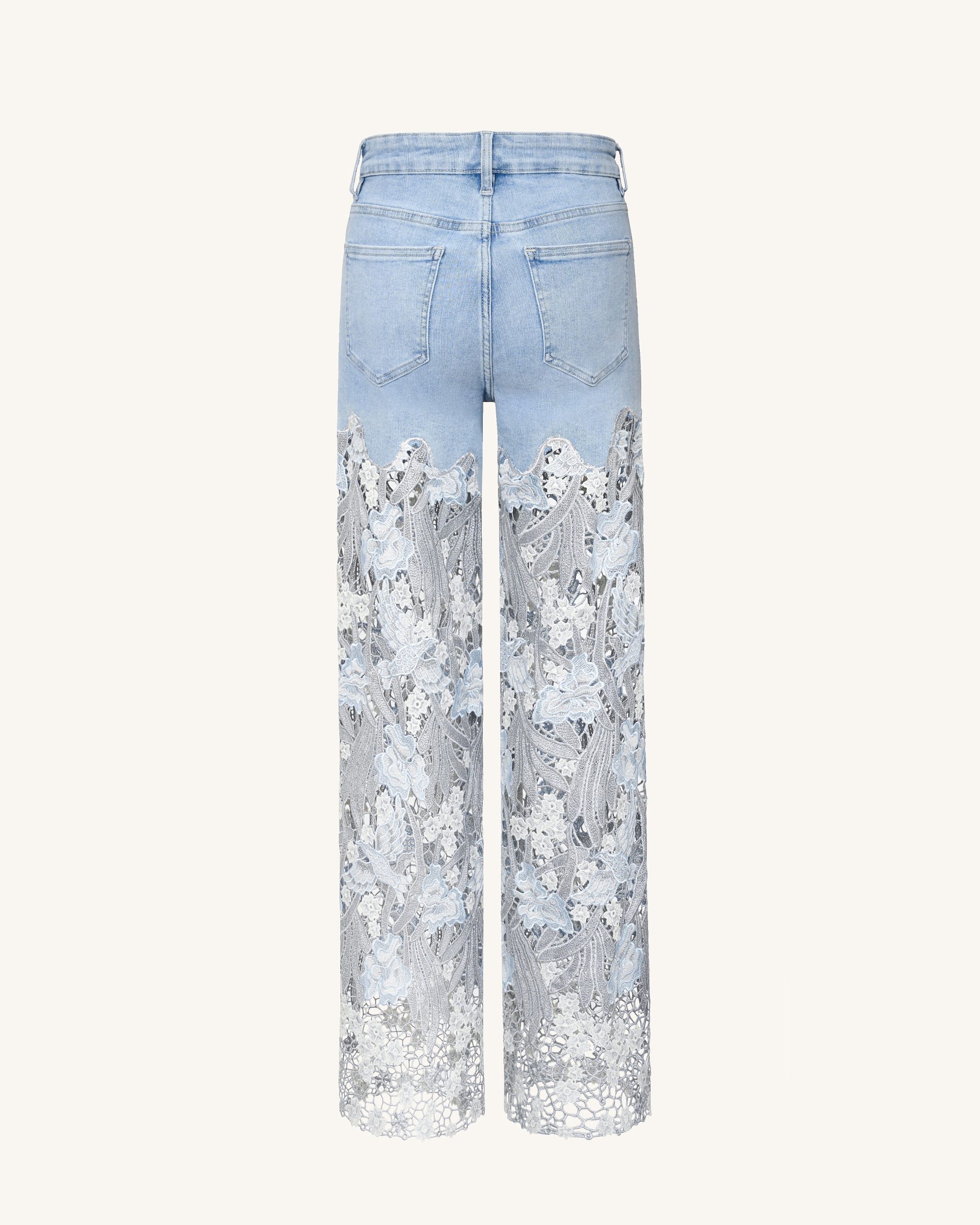 Embroidery High Rise Wide Leg Lace Denim Jeans With Rhinestone - Light Blue - Image 4