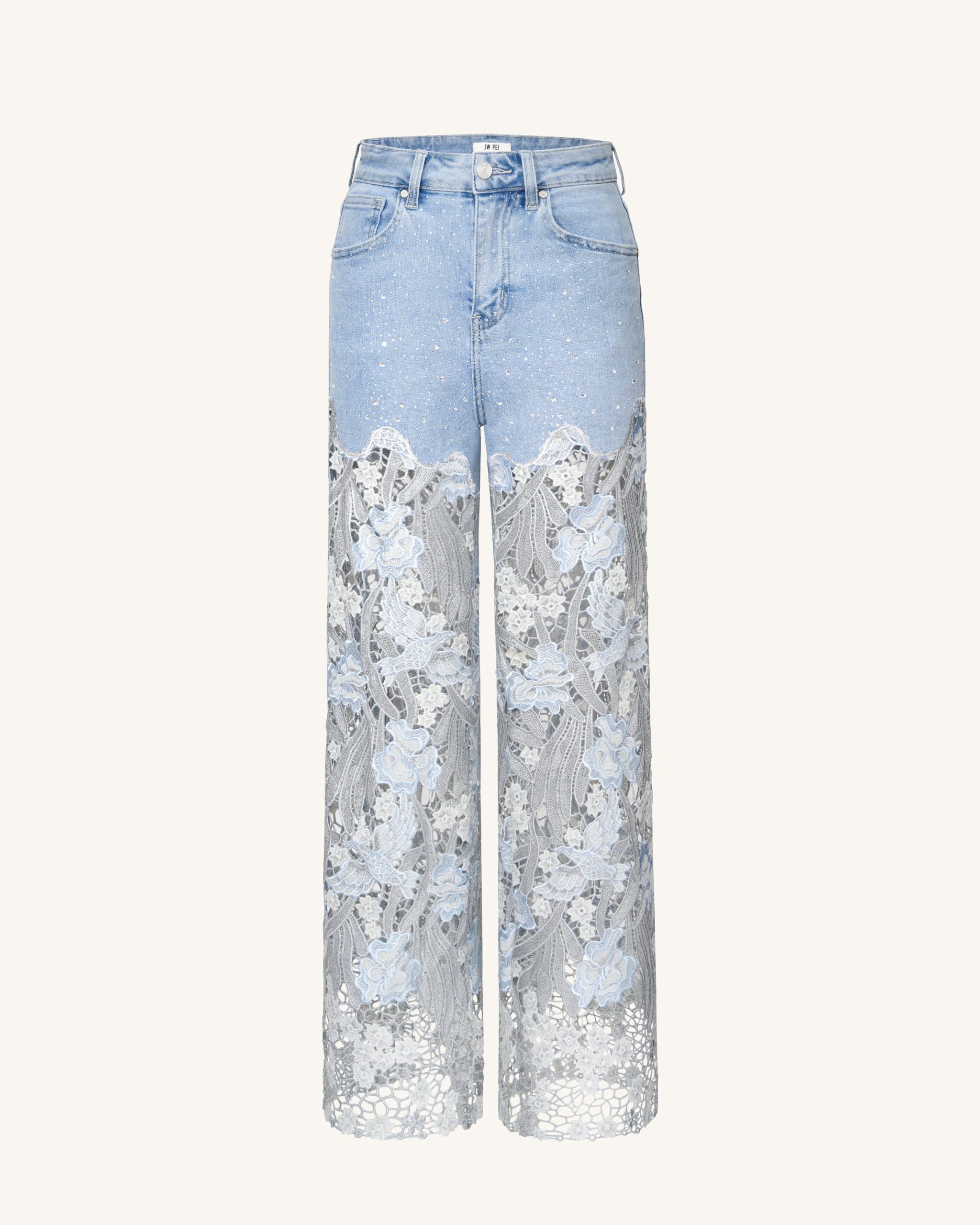 Embroidery High Rise Wide Leg Lace Denim Jeans With Rhinestone - Light Blue - Image 2