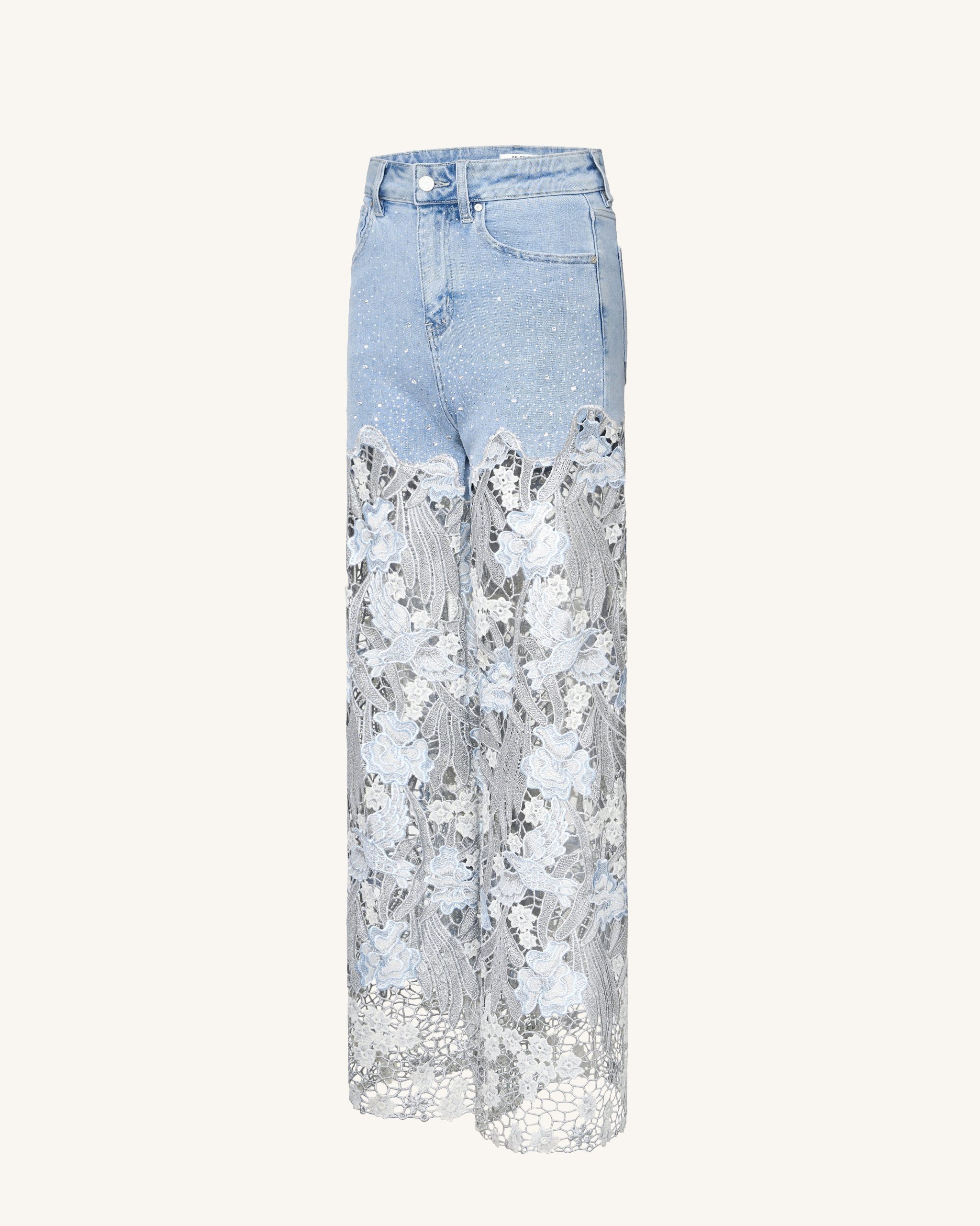 Embroidery High Rise Wide Leg Lace Denim Jeans With Rhinestone - Light Blue - Image 3