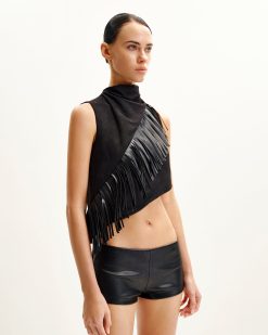 Alternative view of Adeline Asymmetric Fringe Sueded Top - Black