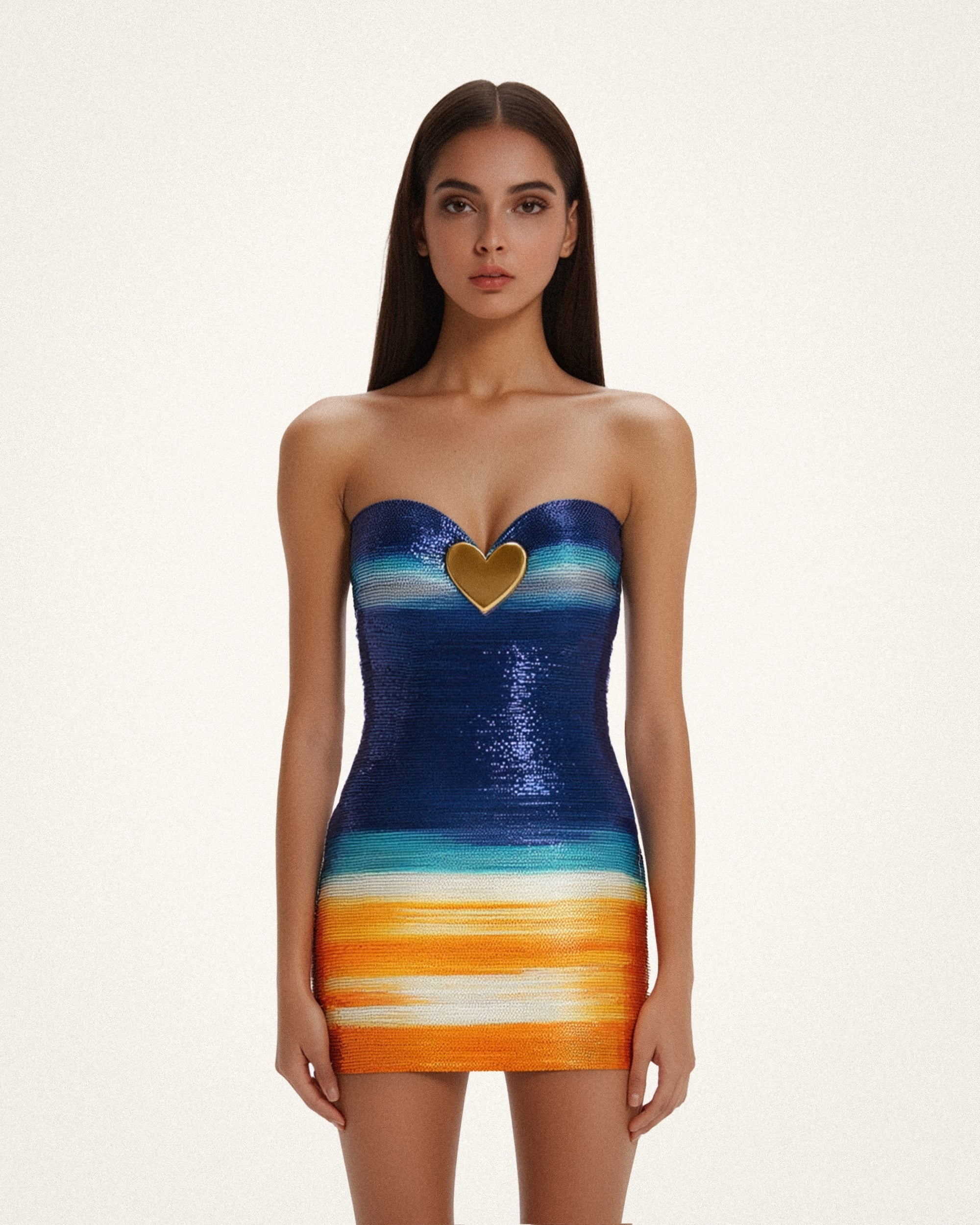 Olivia Metallic Heart Sequin Dress - Blue/Orange