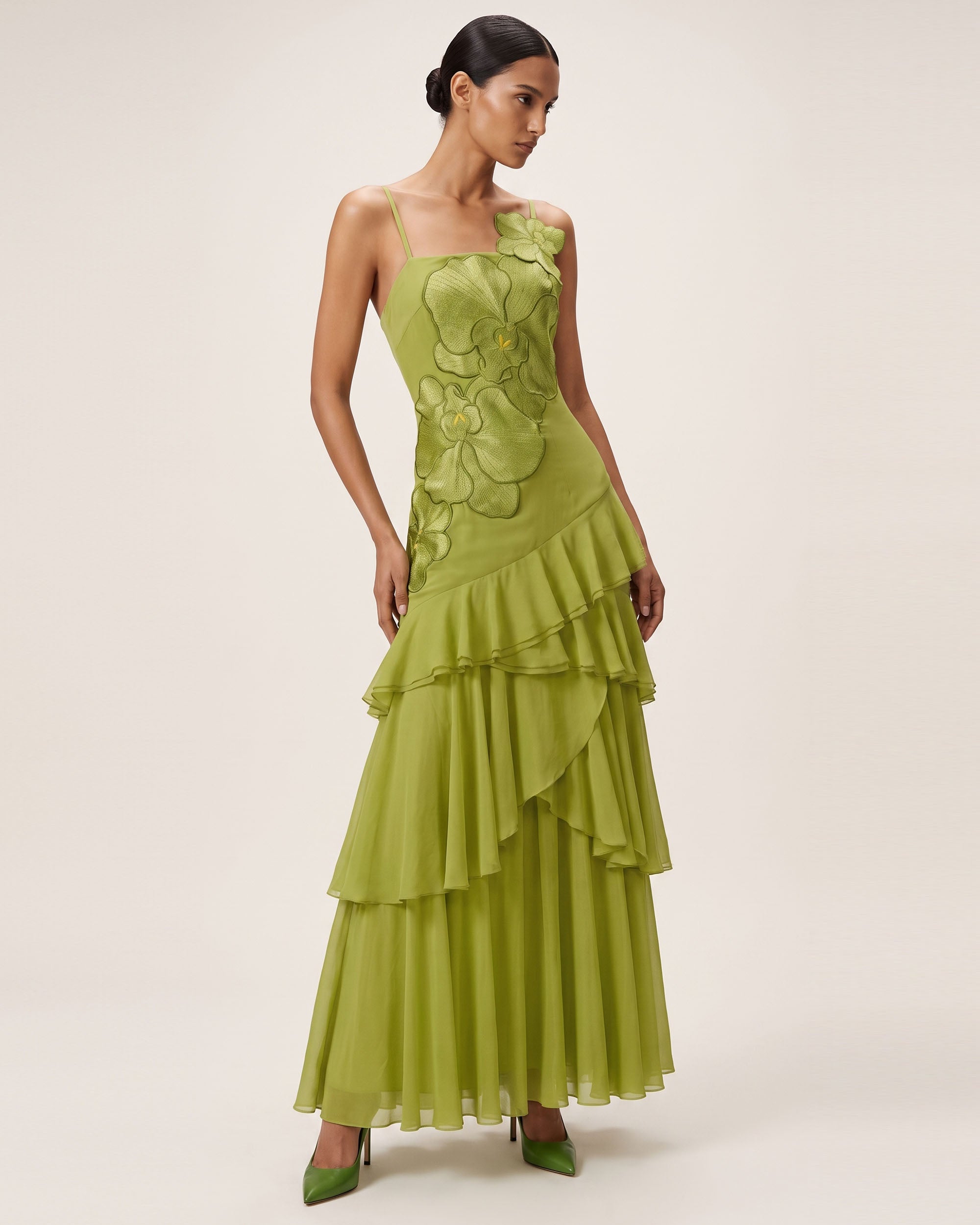 Orchid Embroidered Ruffled One-Shoulder Maxi Dress - Olive Green