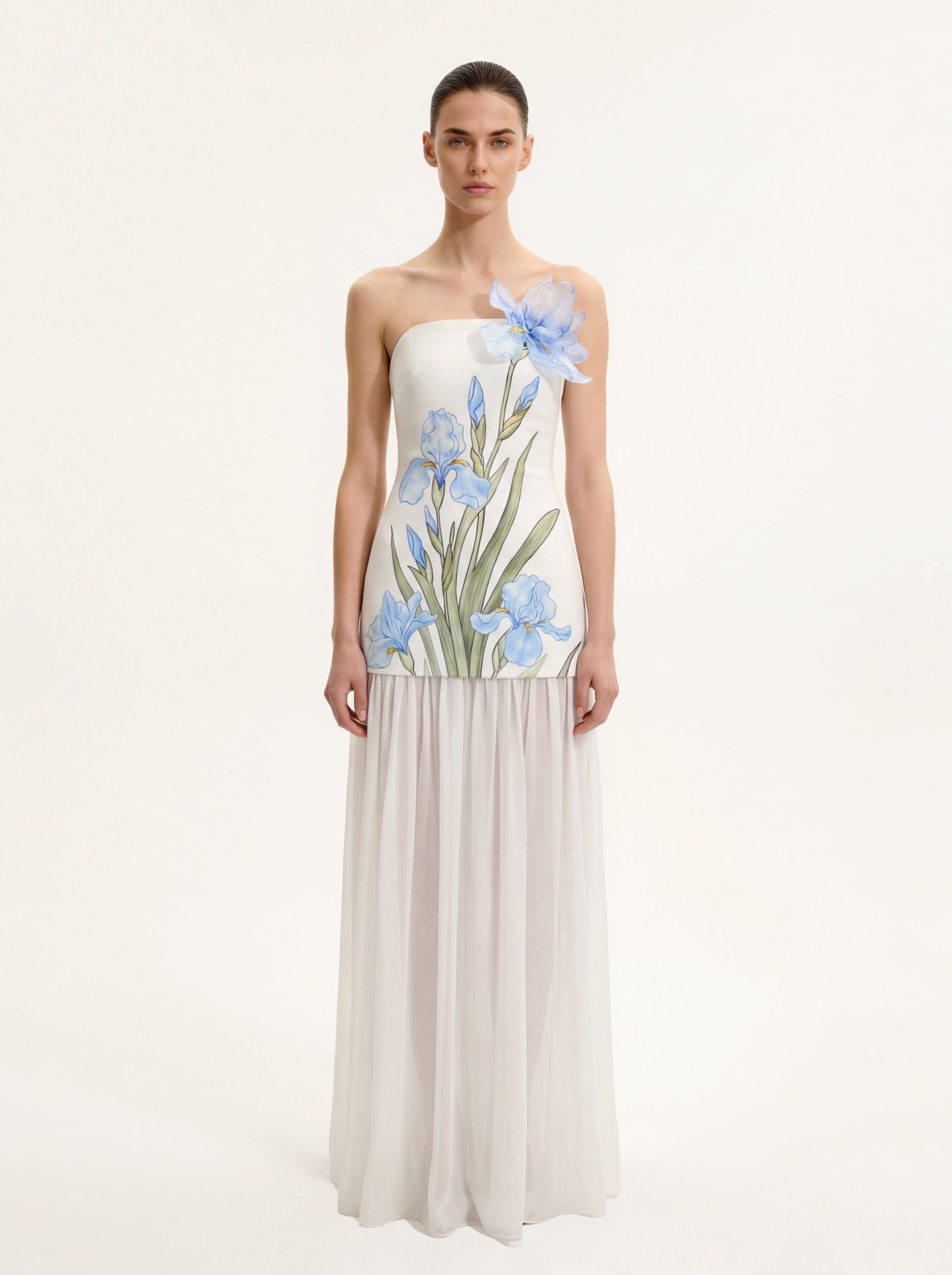 Floral Print Strapless Mixed Maxi Dress - Ivory
