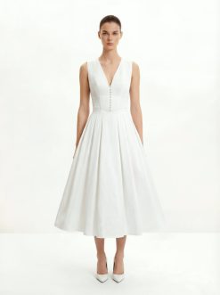 Front V-Neck Pleated Midi Dress - White