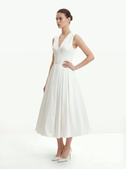 Alternative view of Front V-Neck Pleated Midi Dress - White