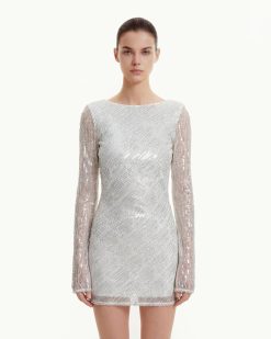 Alternative view of Diagonal Sequin Open-Back Long Sleeve Mini Dress - White