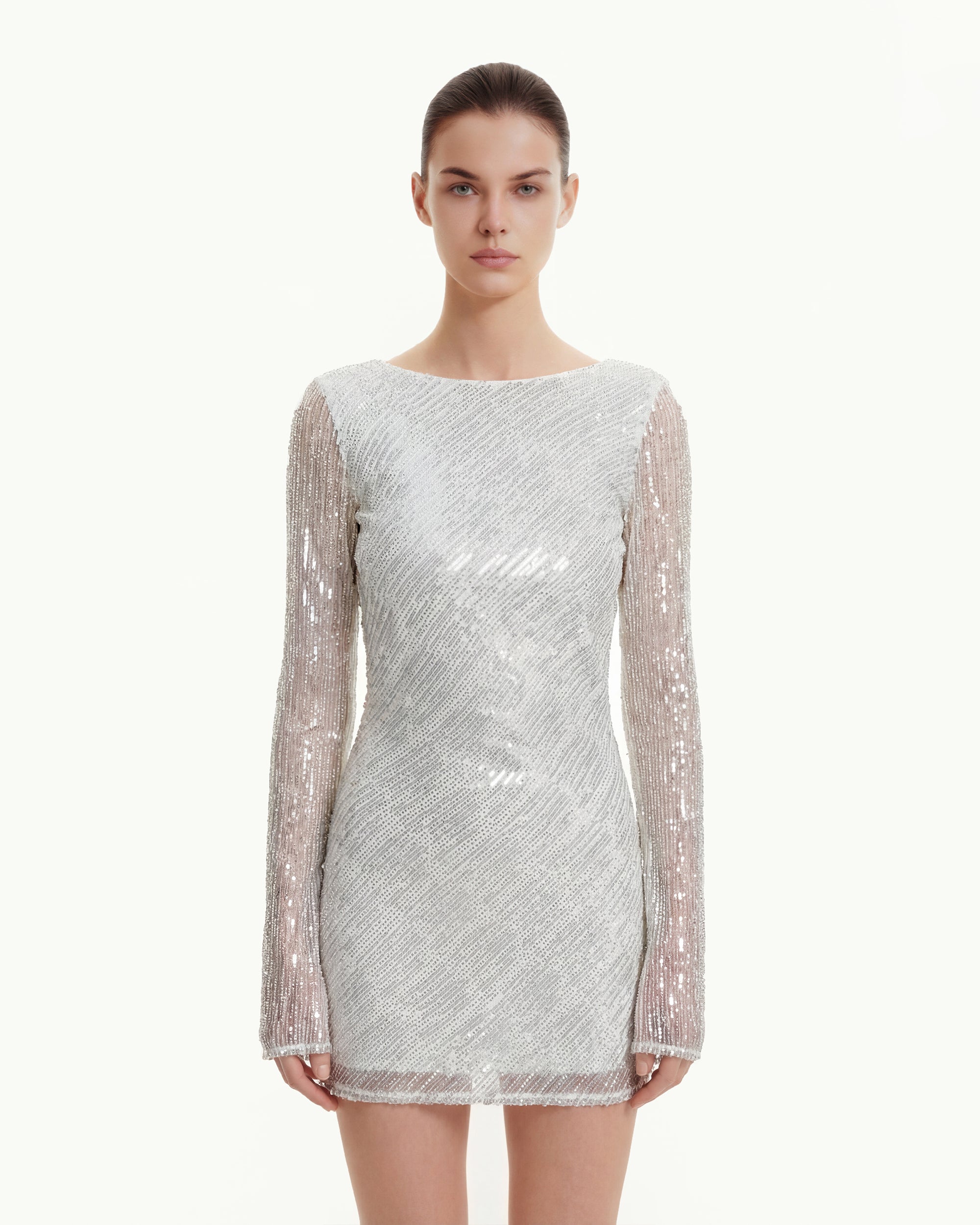 Diagonal Sequin Open-Back Long Sleeve Mini Dress - White - Image 2