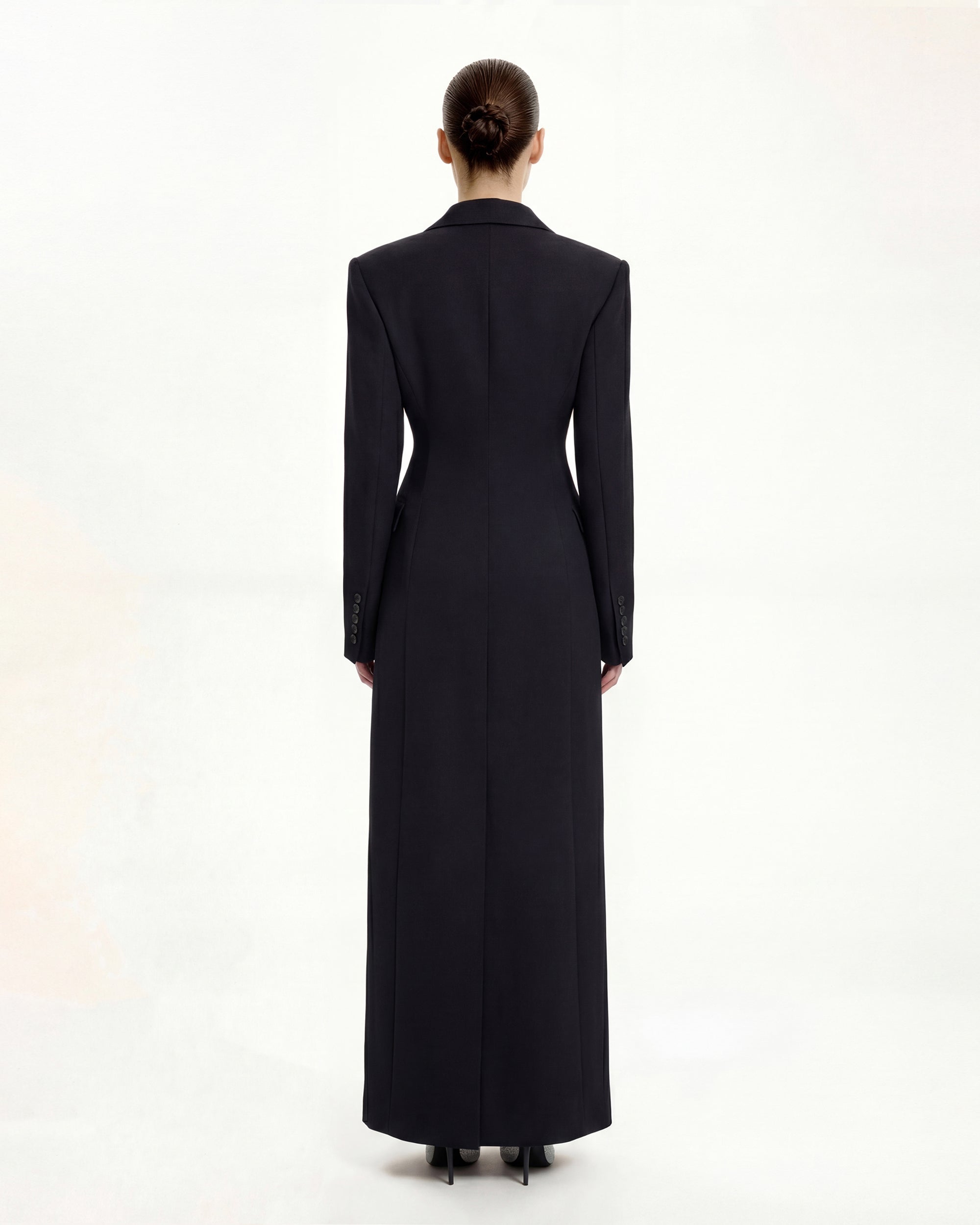 Structured Shoulder Fitted Lapel Maxi Coat - Black - Image 2
