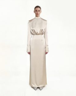 Structured Shoulder Design Satin High-Neck Fitted Maxi Dress - Cream