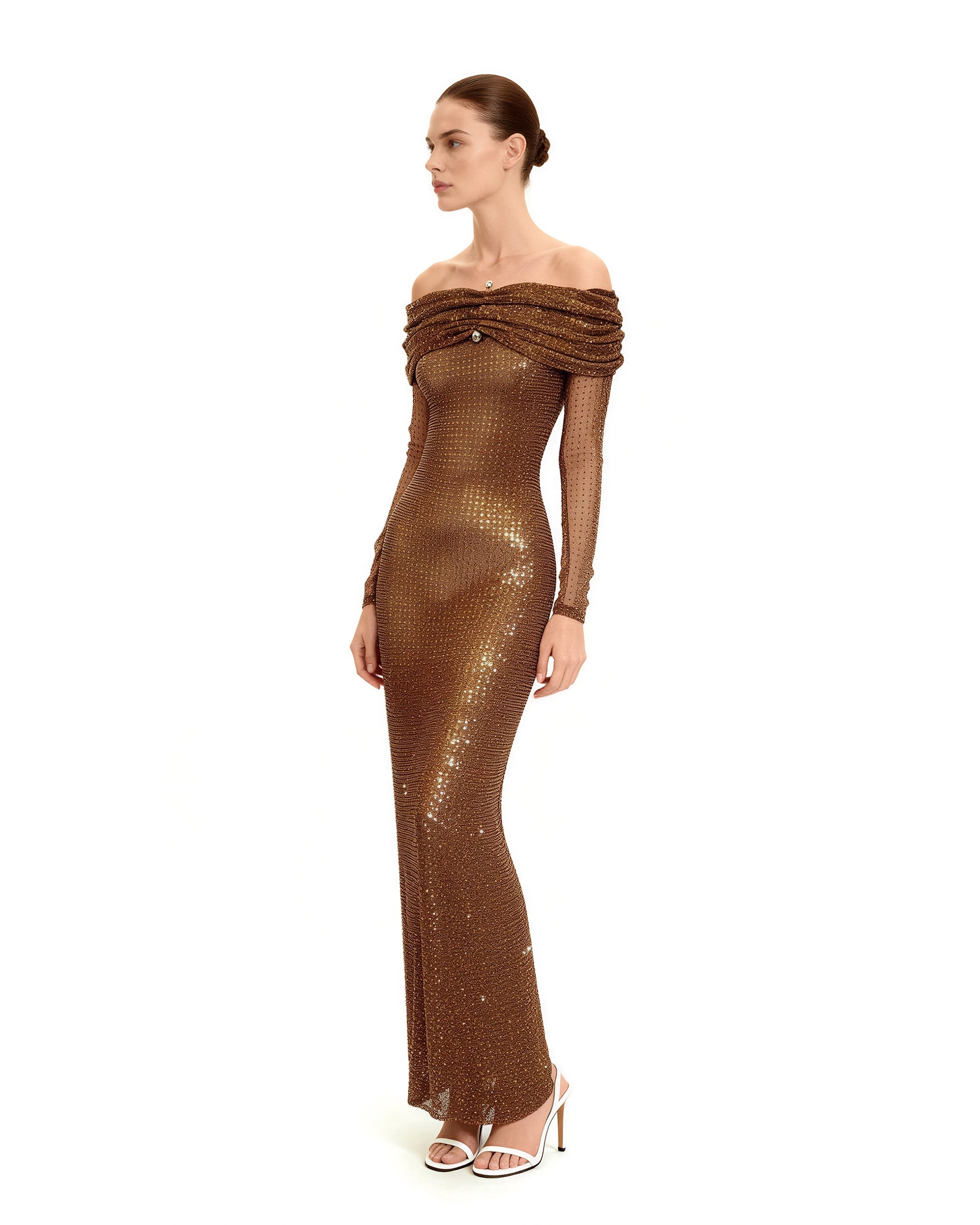 Rhinestone Mesh Off-Shoulder Maxi Dress - Brown - Image 2