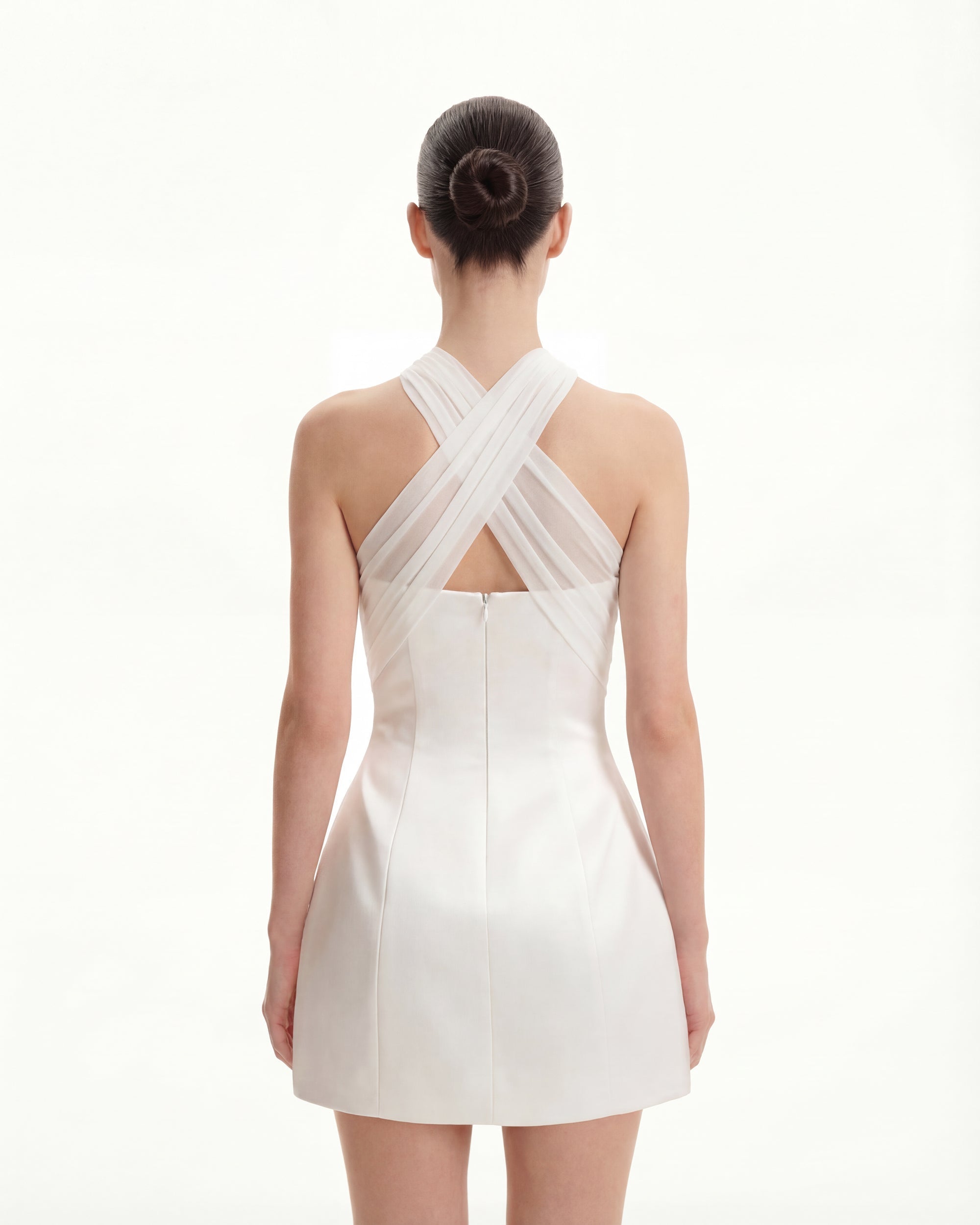 Satin Mini Dress with Tulle Cross-Halter - White - Image 3