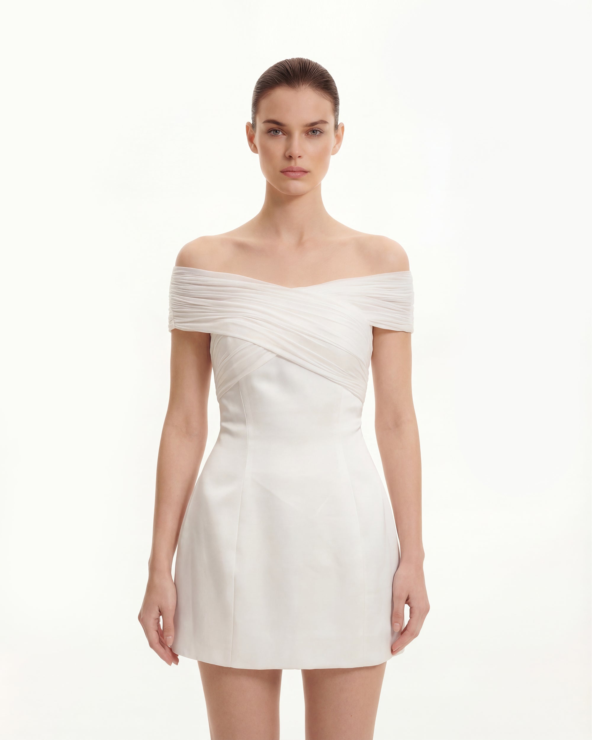 Satin Mini Dress with Tulle Cross-Halter - White - Image 4