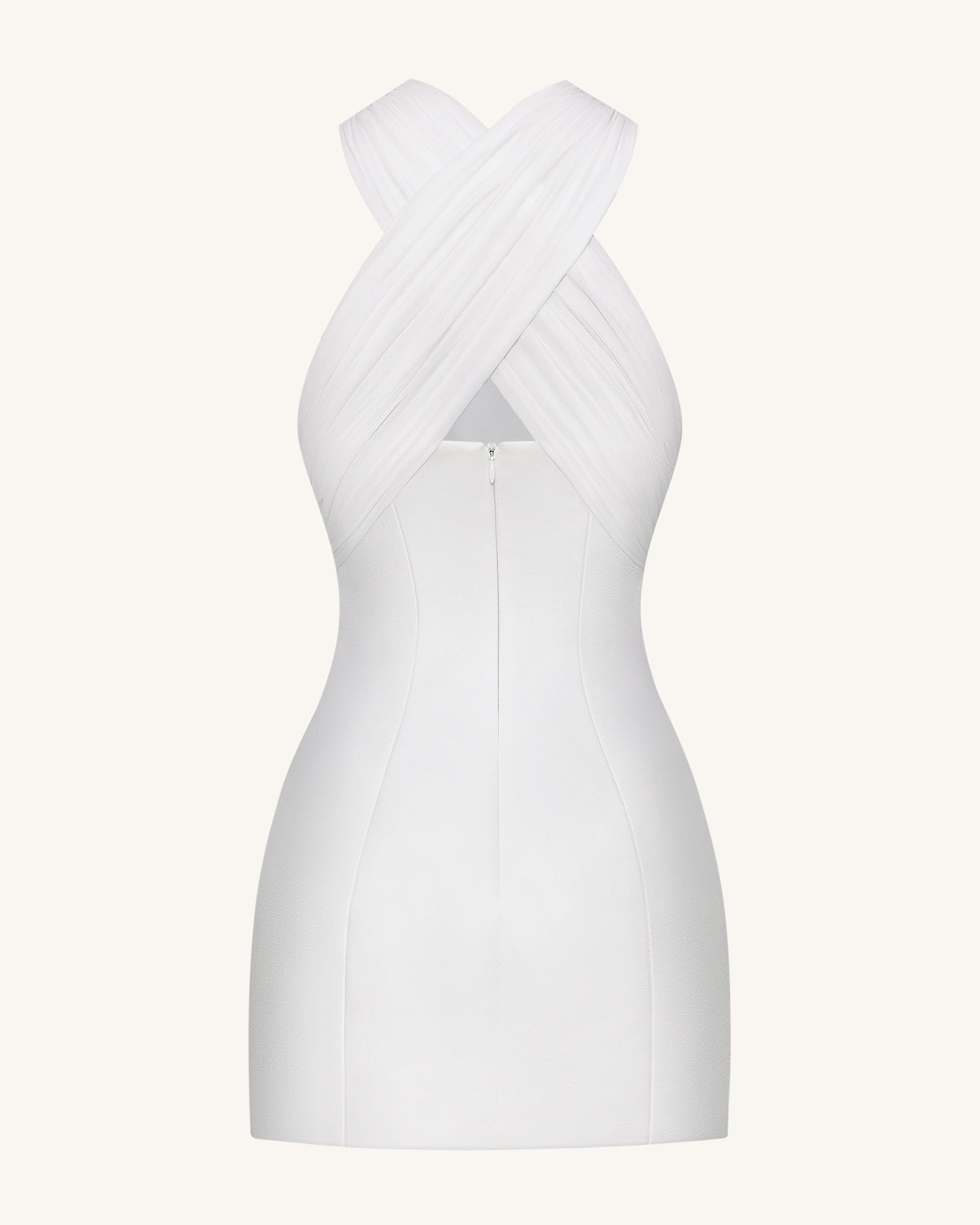 Satin Mini Dress with Tulle Cross-Halter - White - Image 8