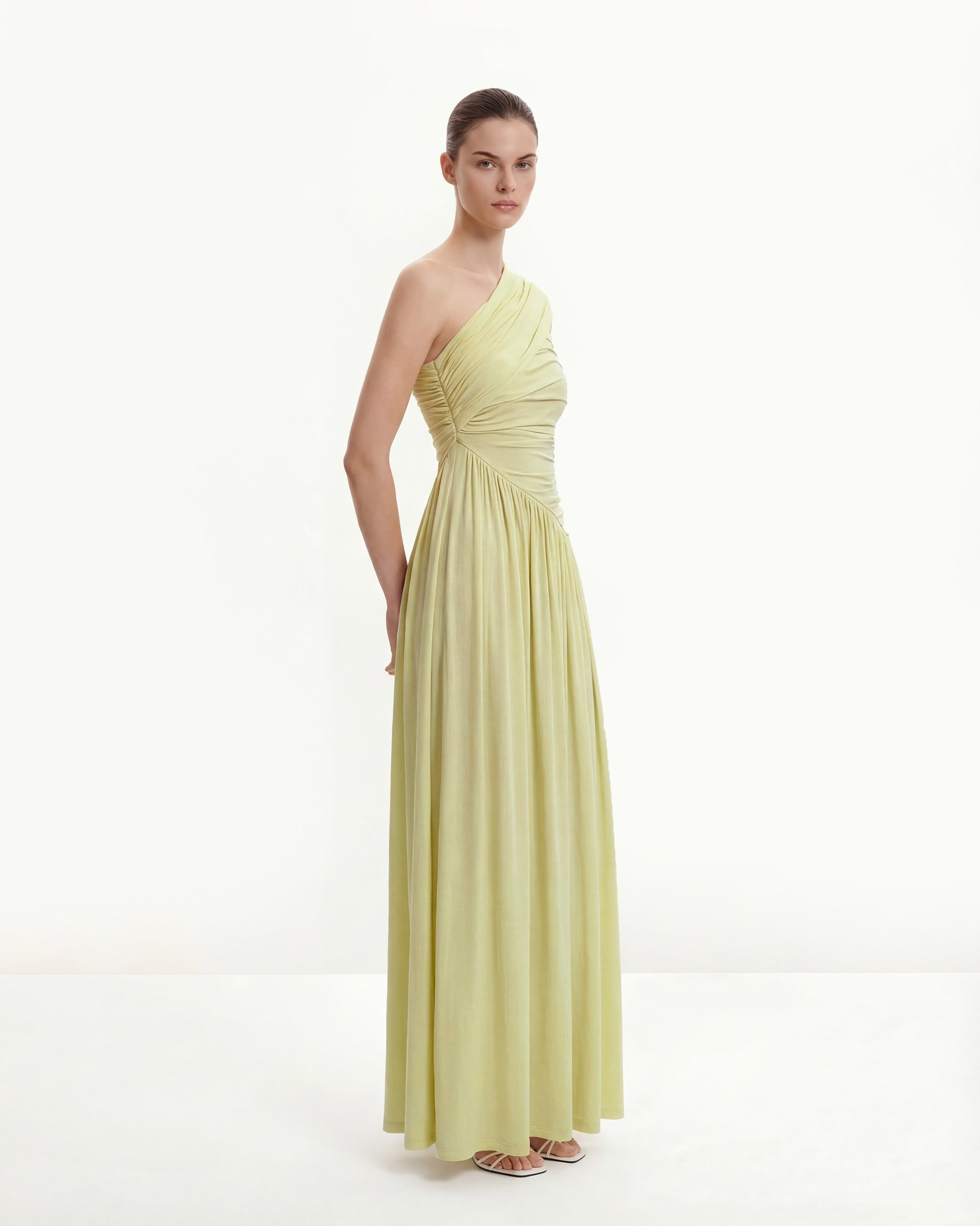 Ruched One-Shoulder Maxi Dress with Trailing Sash - Green - Image 2