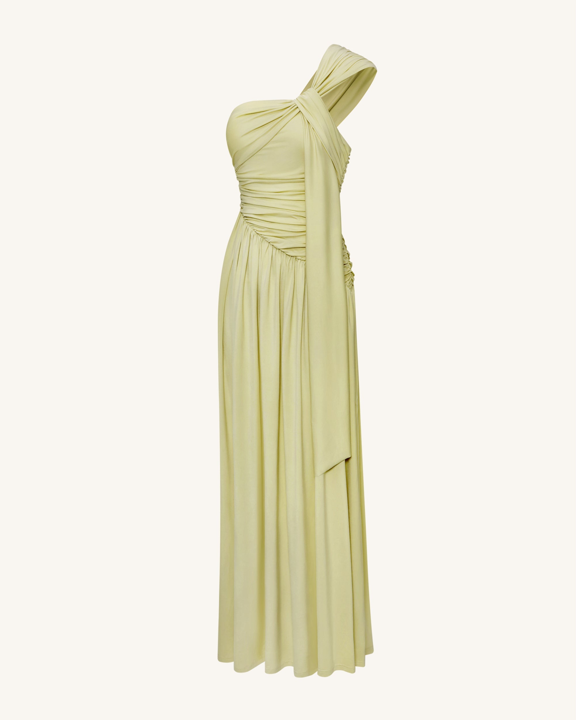 Ruched One-Shoulder Maxi Dress with Trailing Sash - Green - Image 5