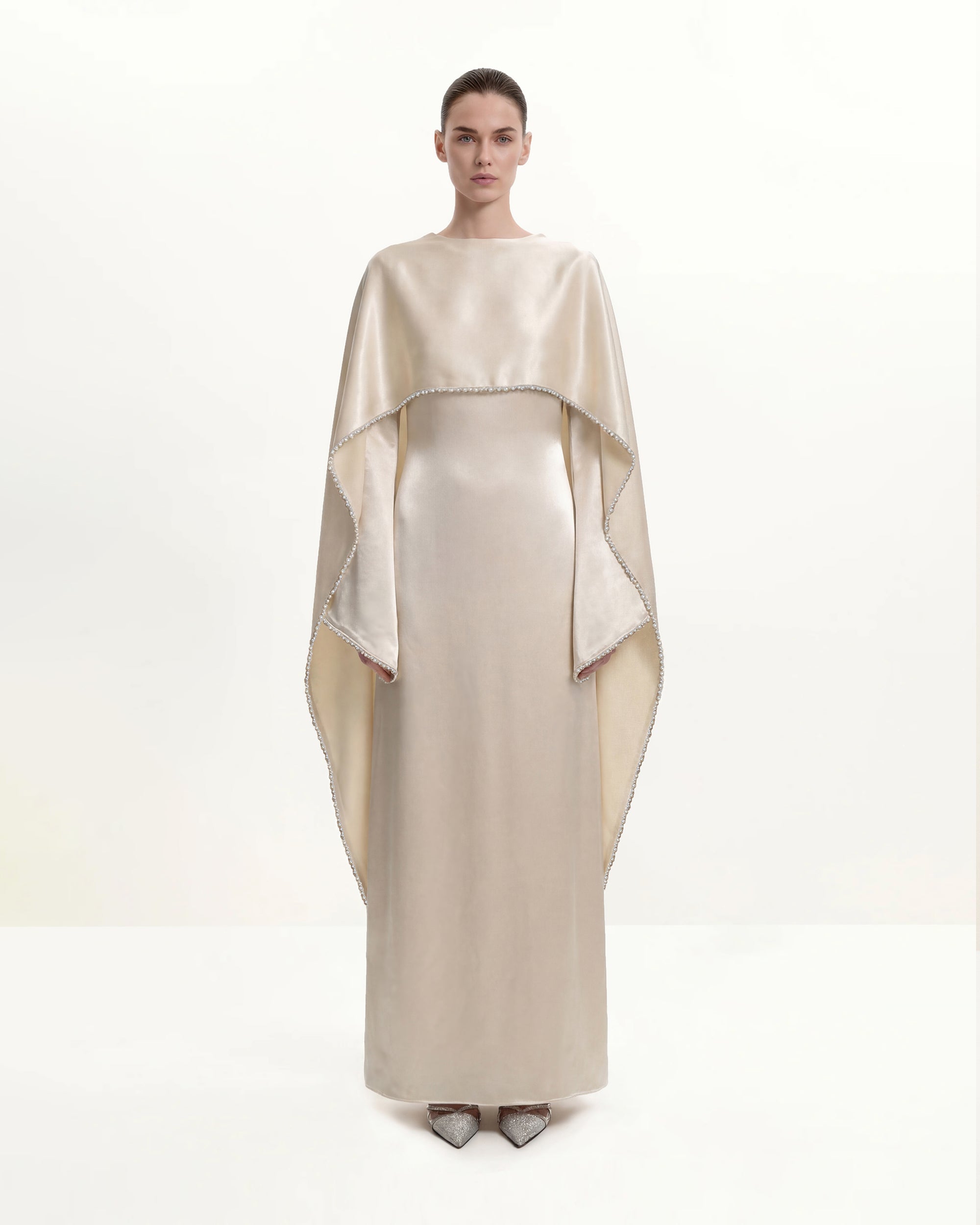 198Pearl-Trimmed Cape Sleeve Boat Neck Maxi Gown - Cream