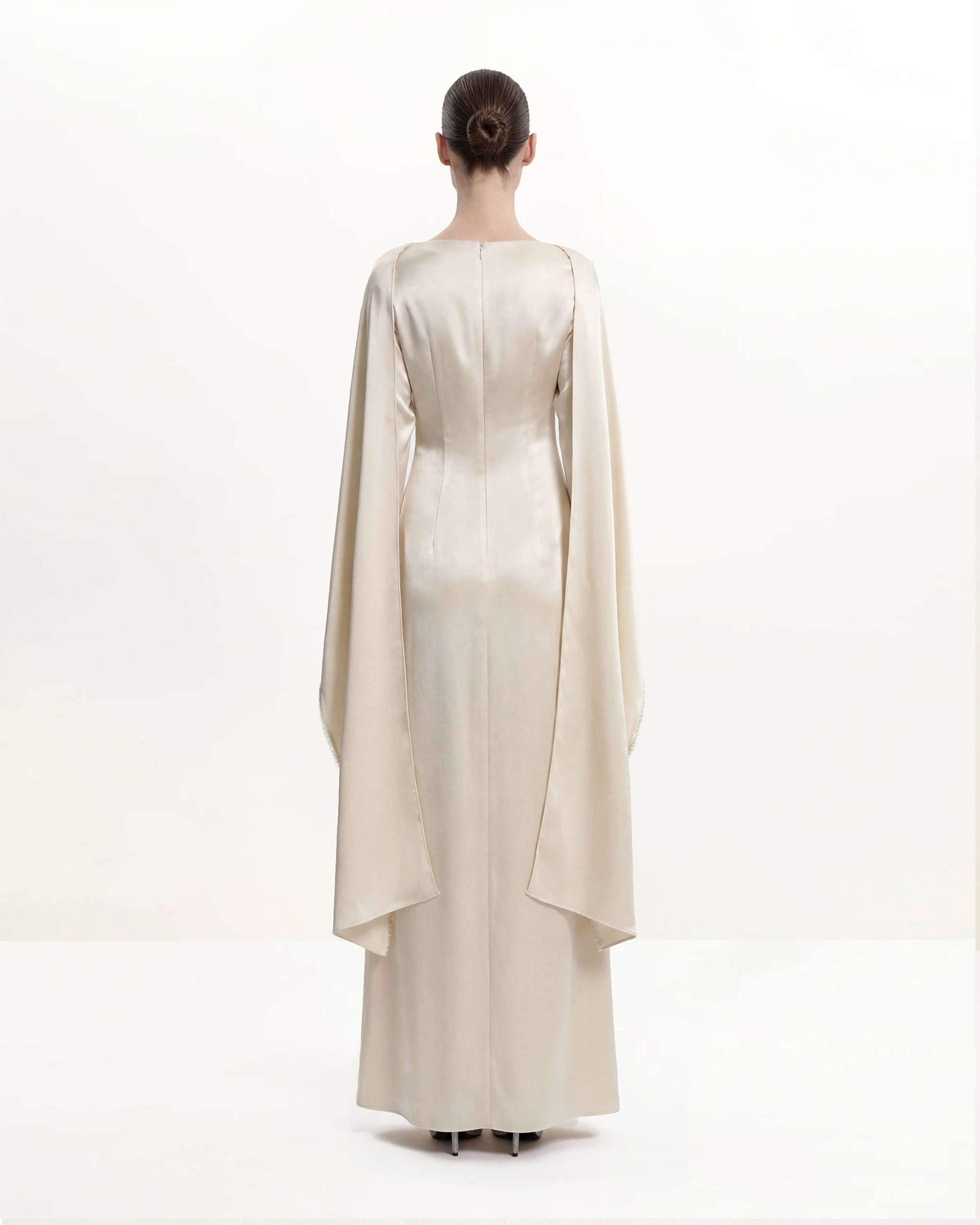 198Pearl-Trimmed Cape Sleeve Boat Neck Maxi Gown - Cream - Image 2