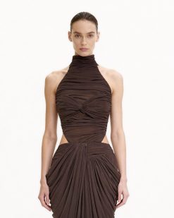 Alternative view of Ruched Twist-Front Halter Bodysuit - Brown
