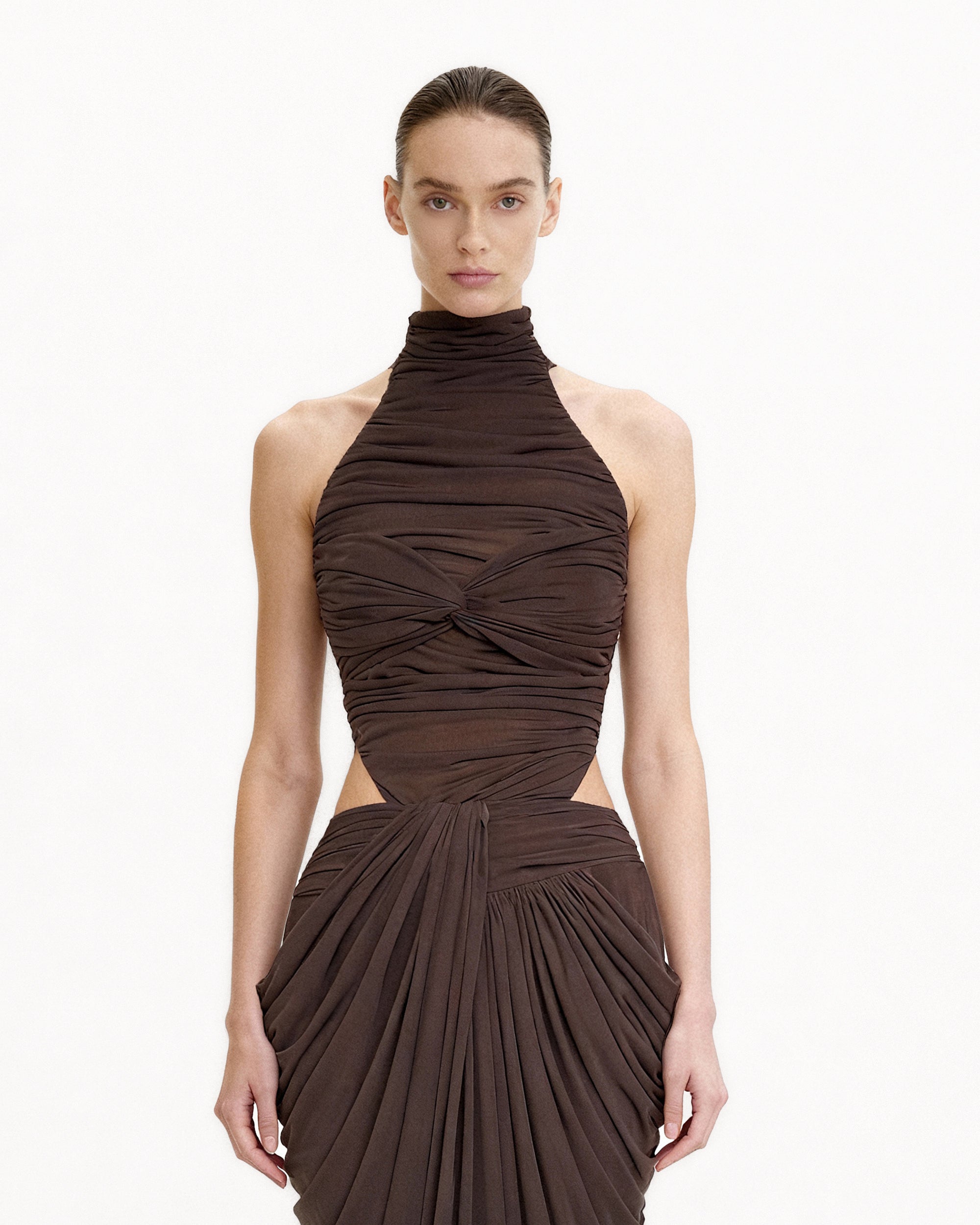 Ruched Twist-Front Halter Bodysuit - Brown - Image 2