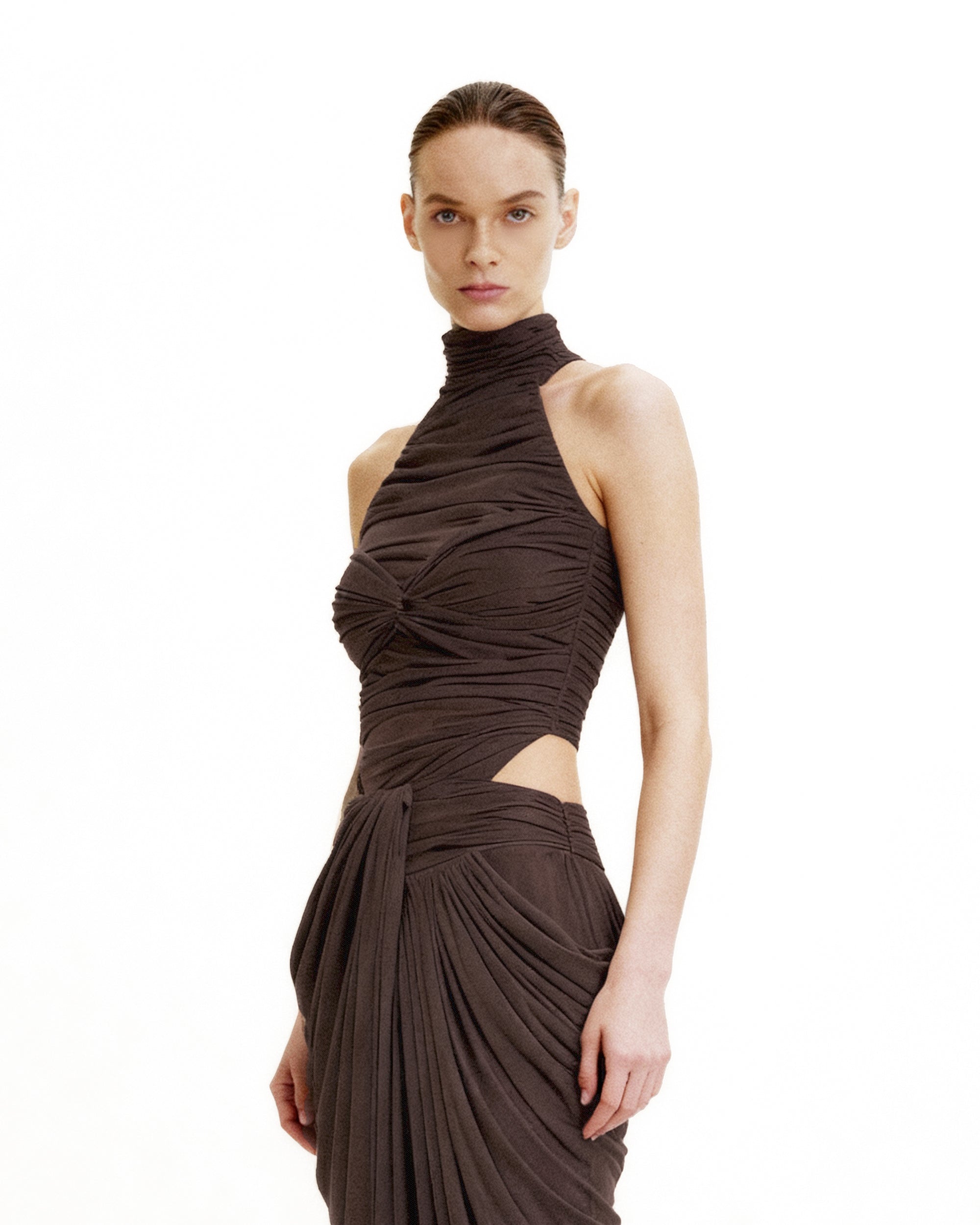 Ruched Twist-Front Halter Bodysuit - Brown - Image 3