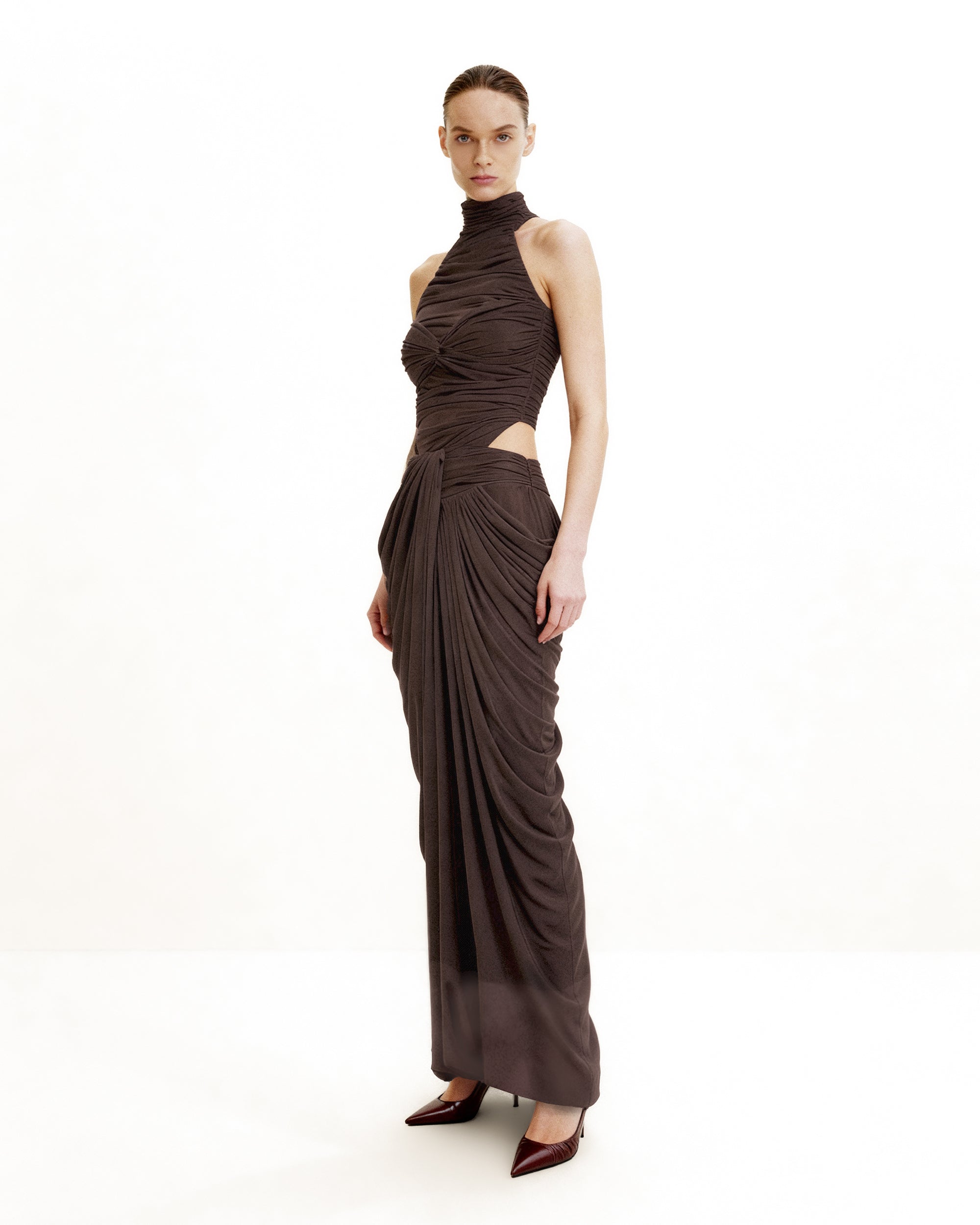 Ruched Twist-Front Halter Bodysuit - Brown - Image 5