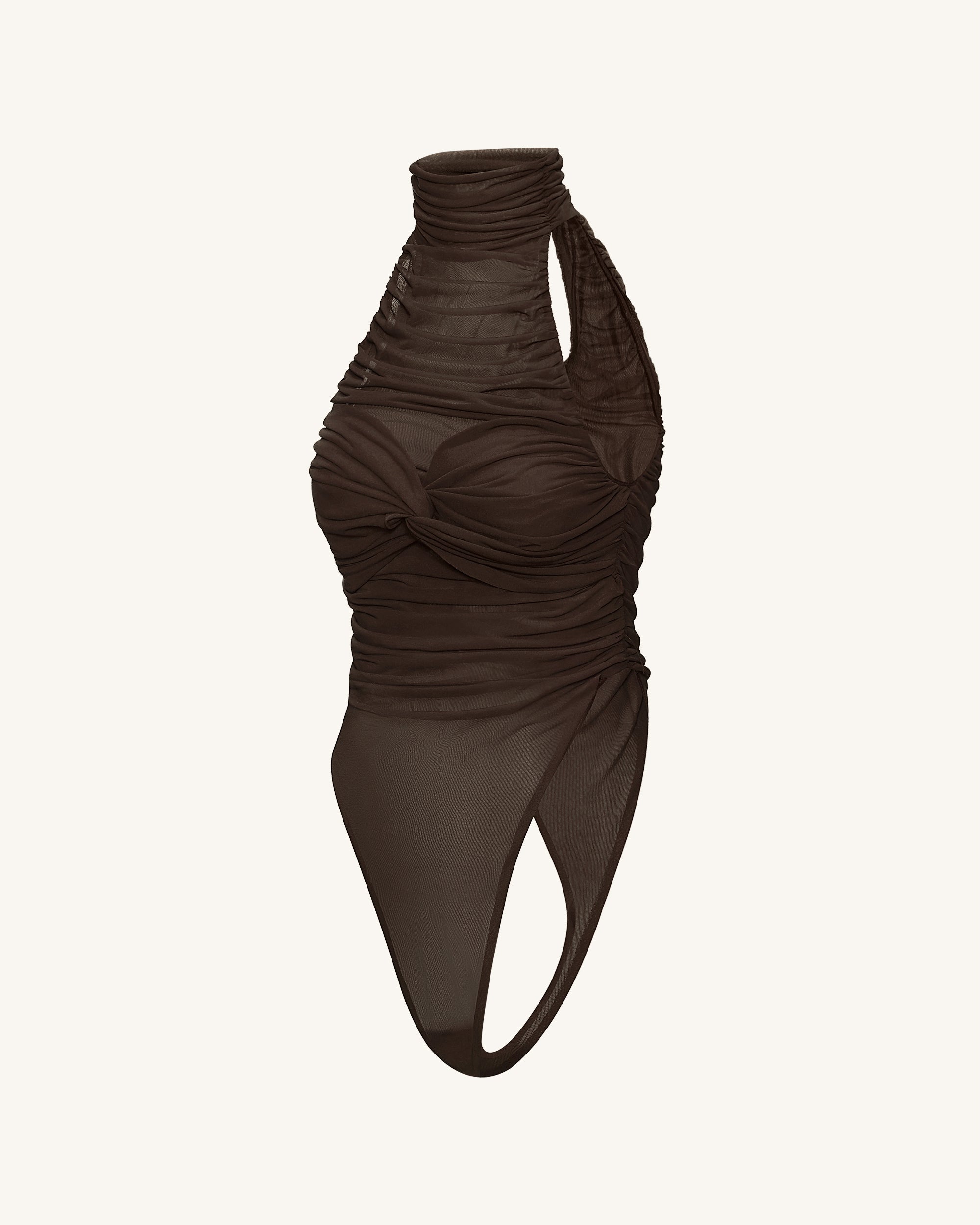 Ruched Twist-Front Halter Bodysuit - Brown - Image 7