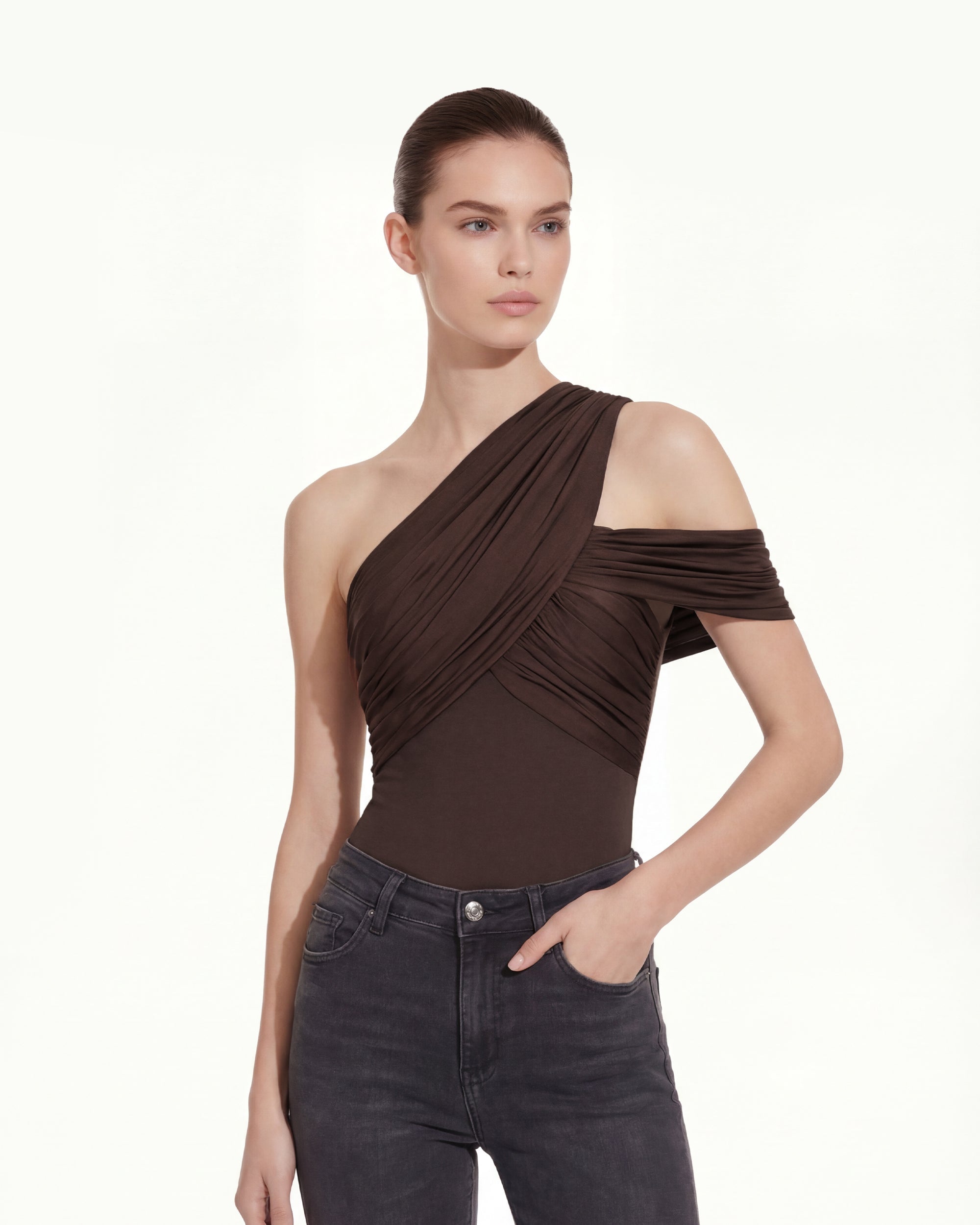 Ruched Asymmetric One-Shoulder Top - Brown - Image 2