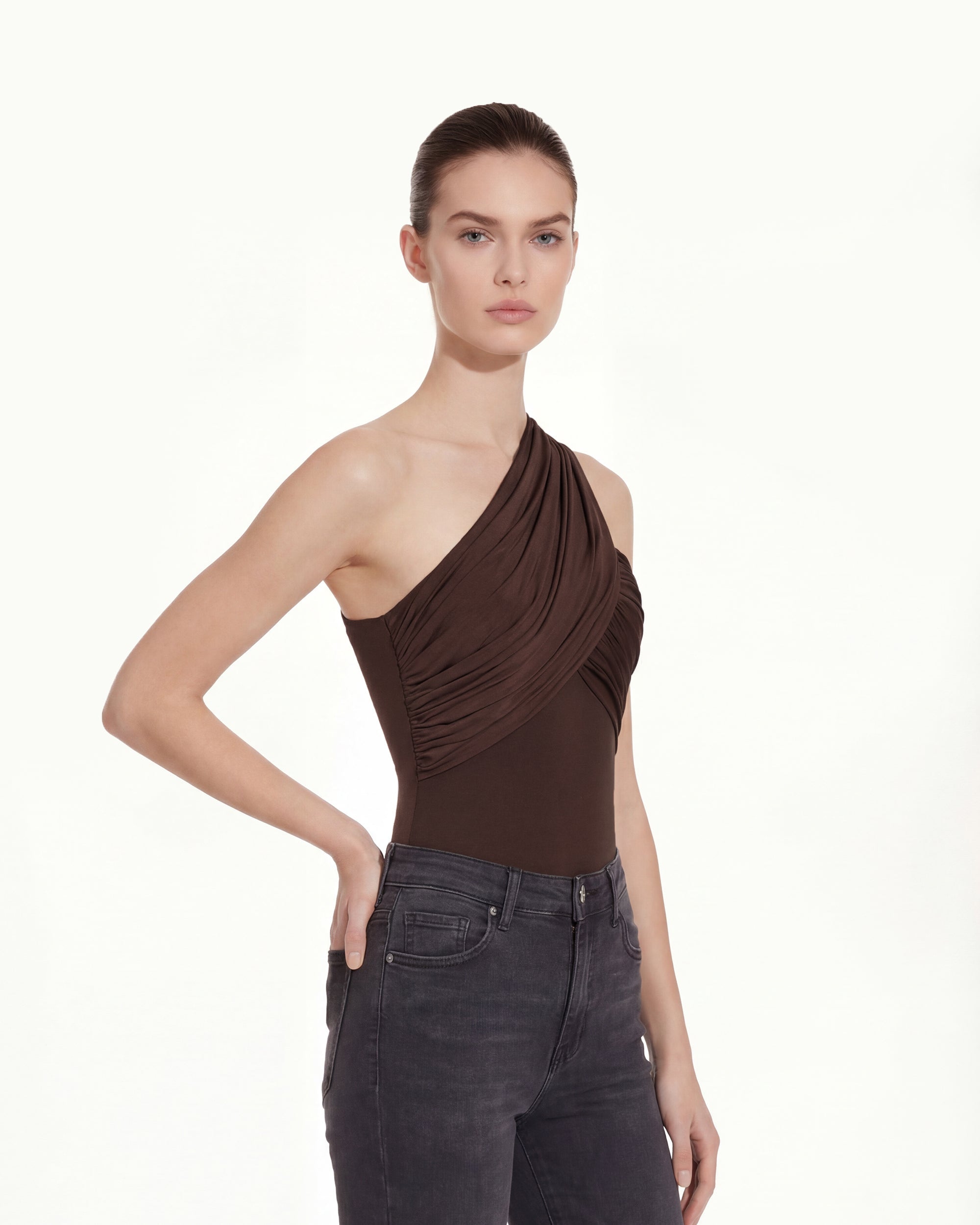 Ruched Asymmetric One-Shoulder Top - Brown - Image 3