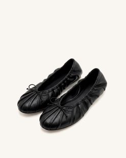 Solenne Ruched Drawstring Ballet Flats - Black