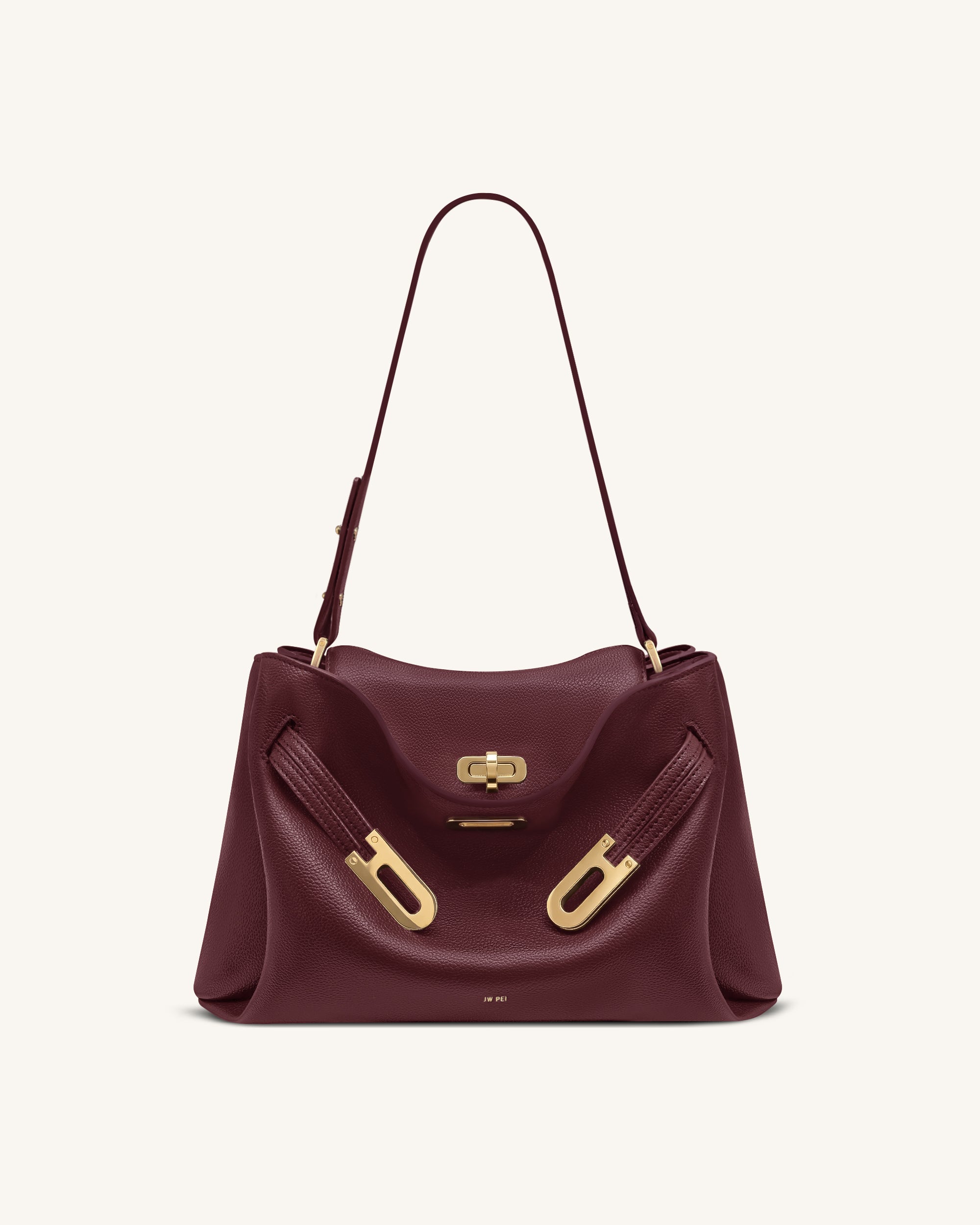 Rhea Pebbled Double Buckle Shoulder Bag - Dark Burgundy