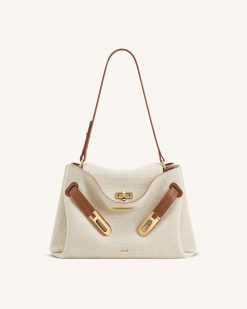 Rhea Double Buckle Shoulder Bag - Brown Canvas