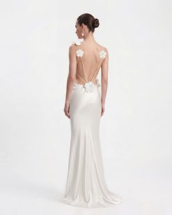 3D Floral Appliqué Satin Dress - White